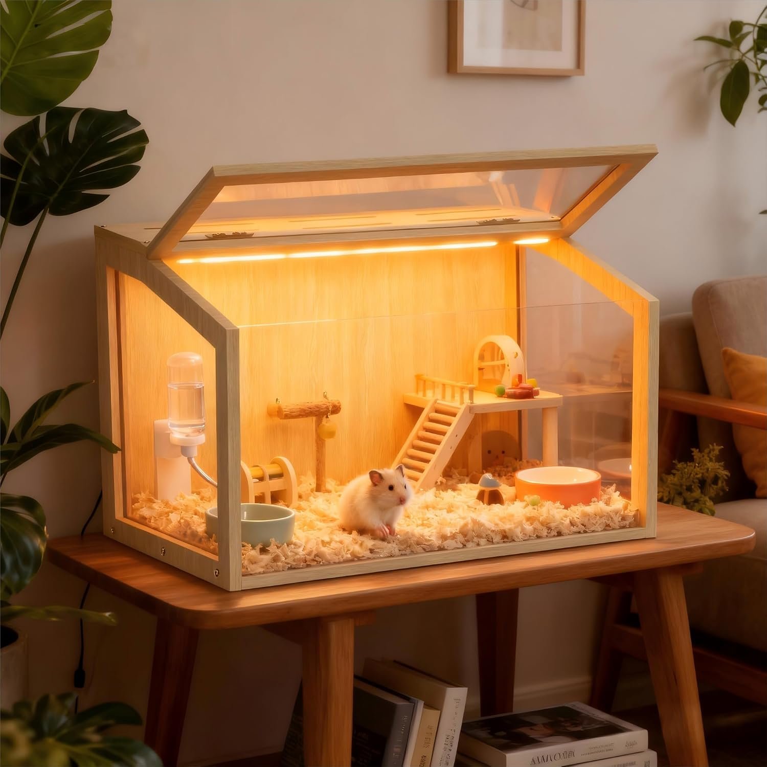 Hamster Cage: 24inch Wooden Small Animal Cage with Warm Light | Clear Chewy Proof Hamster House with Openable Breathable Top