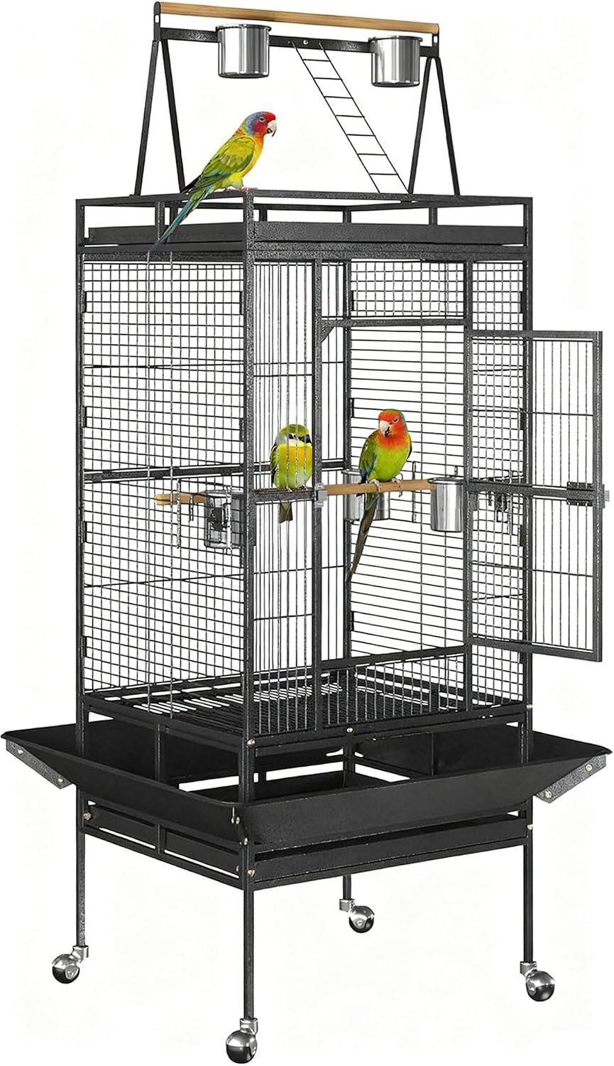 ZENY 68-Inch Birdcage, Playtop Parrot Cage, Wrought Iron Bird Cage with Rolling Stand, Heavy-Duty Pet Bird House for Parrot Cockatiel Cockatoo Parakeet Macaw Finches, Black