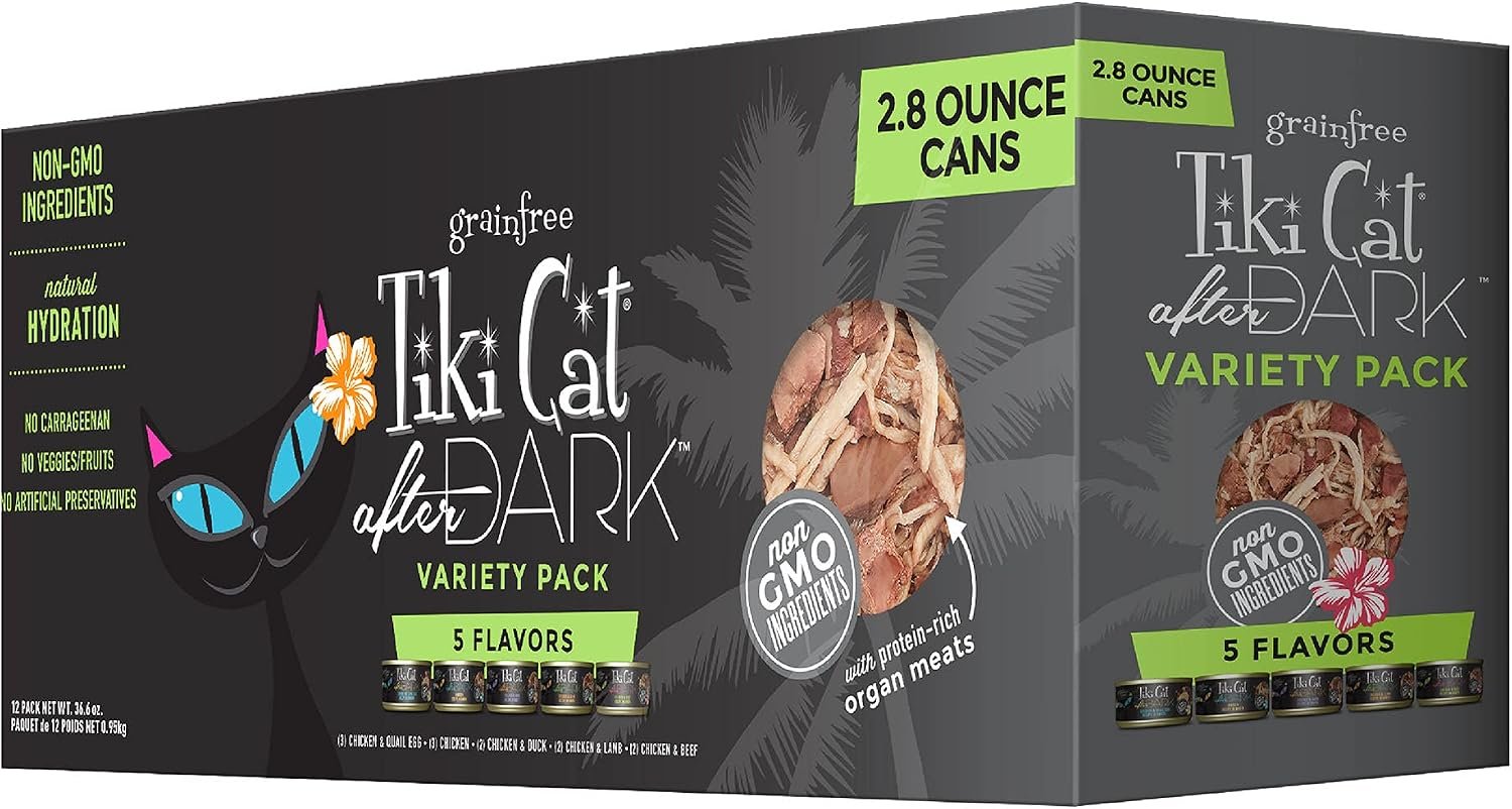 Tiki Cat After Dark Wet Cat Food, Variety Pack, 2.8 oz. Cans (12 Count) | High Protein with Organ Meat for Muscle Support, Grain-free, Supports Hydration, Non-GMO Ingredients, For All Life Stages