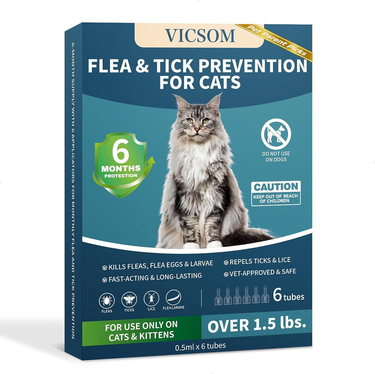 VICSOM Cat Flea Treatment, Flea and Tick Prevention for Cats, 6 Doses | Topical Flea Control Drops With 6-Month Protection Total, Waterproof After 24 Hours, For Cats And Kittens Over 8 Weeks