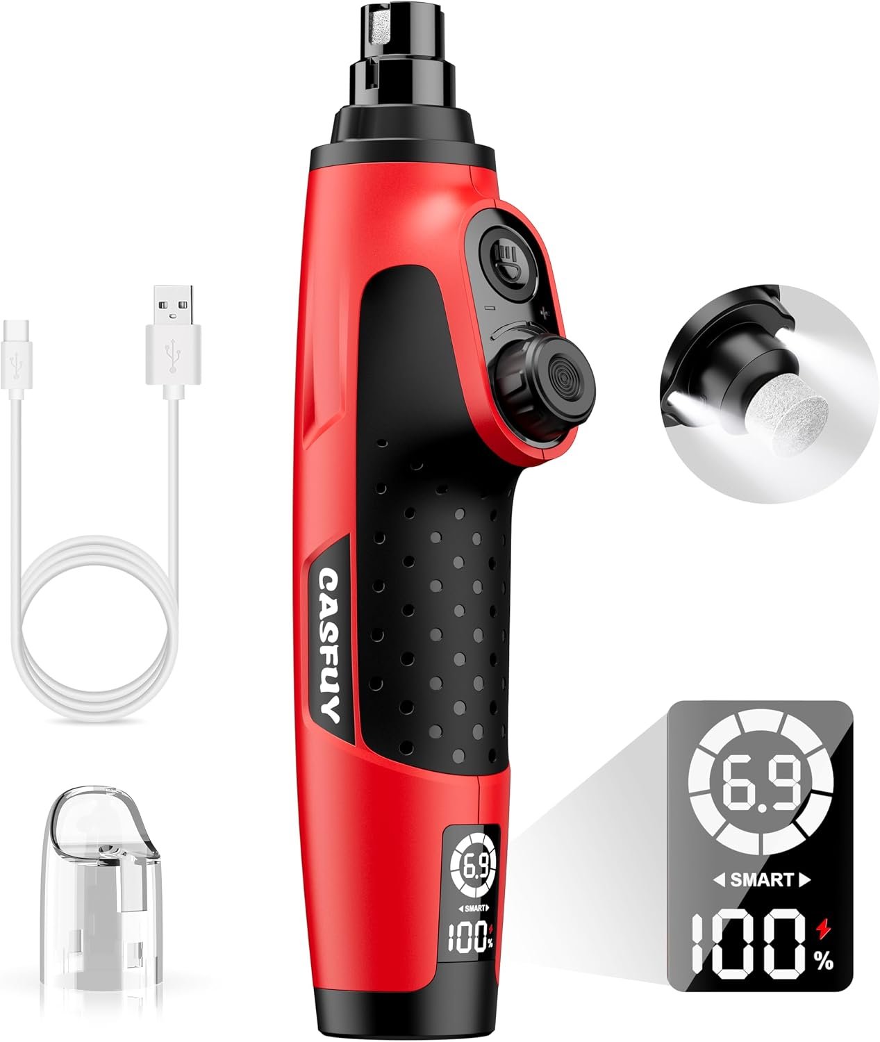 Casfuy Smart 6-Speed Dog Nail Grinder – 50% More Power Pet Nail Grinder with 2 LED Lights Quiet Rechargeable Electric Dog Nail Trimmers File Toenail Grinder for Large Medium Small Dogs & Cats (Red)