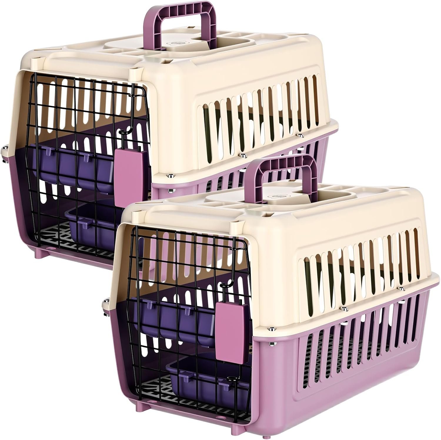 2 Set Hard Plastic Pet Carrier Breathable Dog Cat Kennel with Metal Door Bowl Grille Mat Pet up to 14 Lbs Carrier for Walking Camping Vet Visits Travel, 17.3″L x 11.8″W x 10.6″H(Purple White)