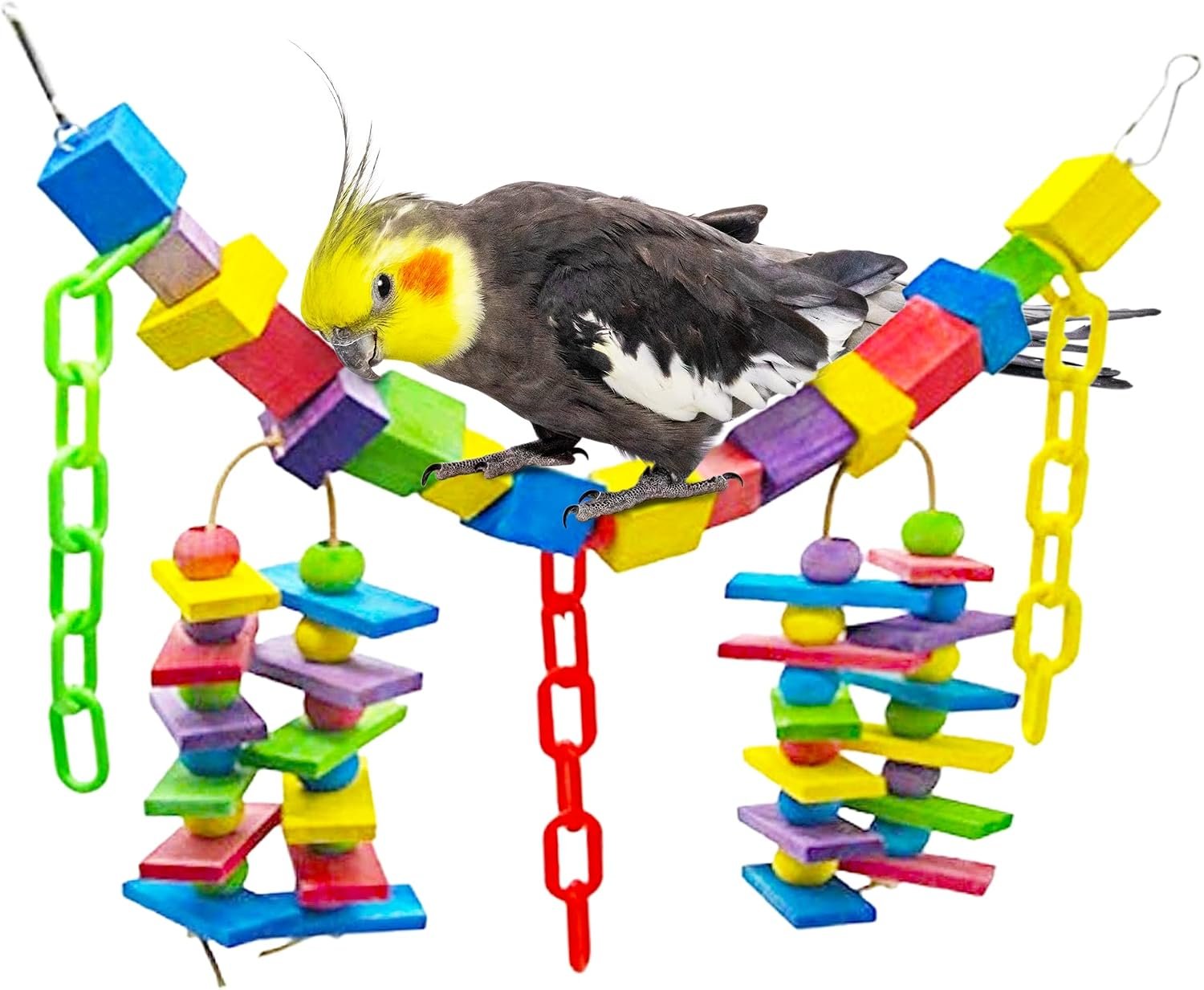 SunGrow Parrot Toy, 19″ x 7.5″, Colorful Wooden Beads and Metal Chain Link Hanger, Multicolored, 1 Pc per Pack