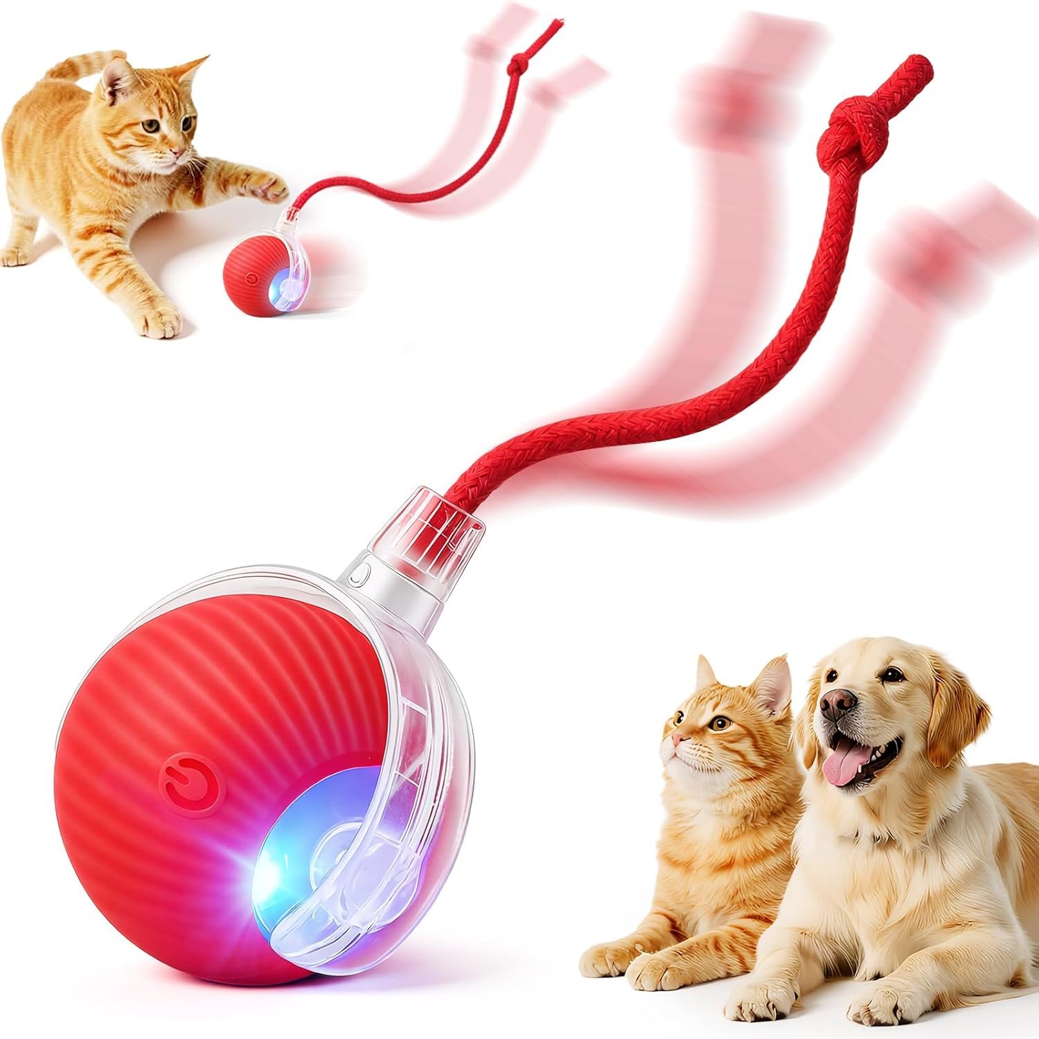 Interactive Automatic Rolling Electronic Stimulation Chase Ball Cat Dog Toy | Smart Electric Moving Stimulating Rechargeable Motion Activated Self Play Teaser for Boredom Small Dog Puppy Pet, with Rope