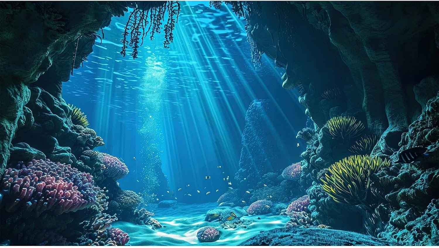 Under The Sea Aquarium Background Underwater Grotto with Soft Corals Reefs Fish Tank Background Blue Ocean Tropical Cave Sunlight Rays Deep Sea Fish Tank Backgrounds Aquarium Wallpaper 48x24in