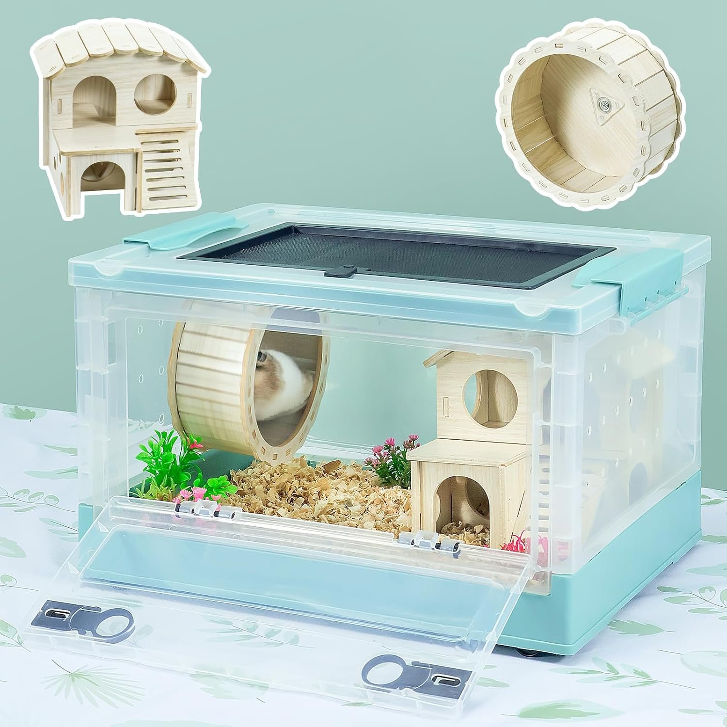 Hamsters Cage Large, Foldable Portable 360° Viewing Ventilated Cages with Villas, Exercise Wheels, for Hamsters, Rats, Dwarf Hamsters, Gerbils, Guinea Pigs Blue 16″ L x 12″ W x 9.5″ H