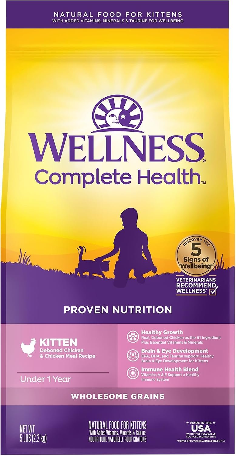 Wellness Complete Health Kitten Dry Cat Food, Natural, Wholesome Grains Kibble, Turkey, Turkey Meal and Chicken Recipe, 5 lb Bag