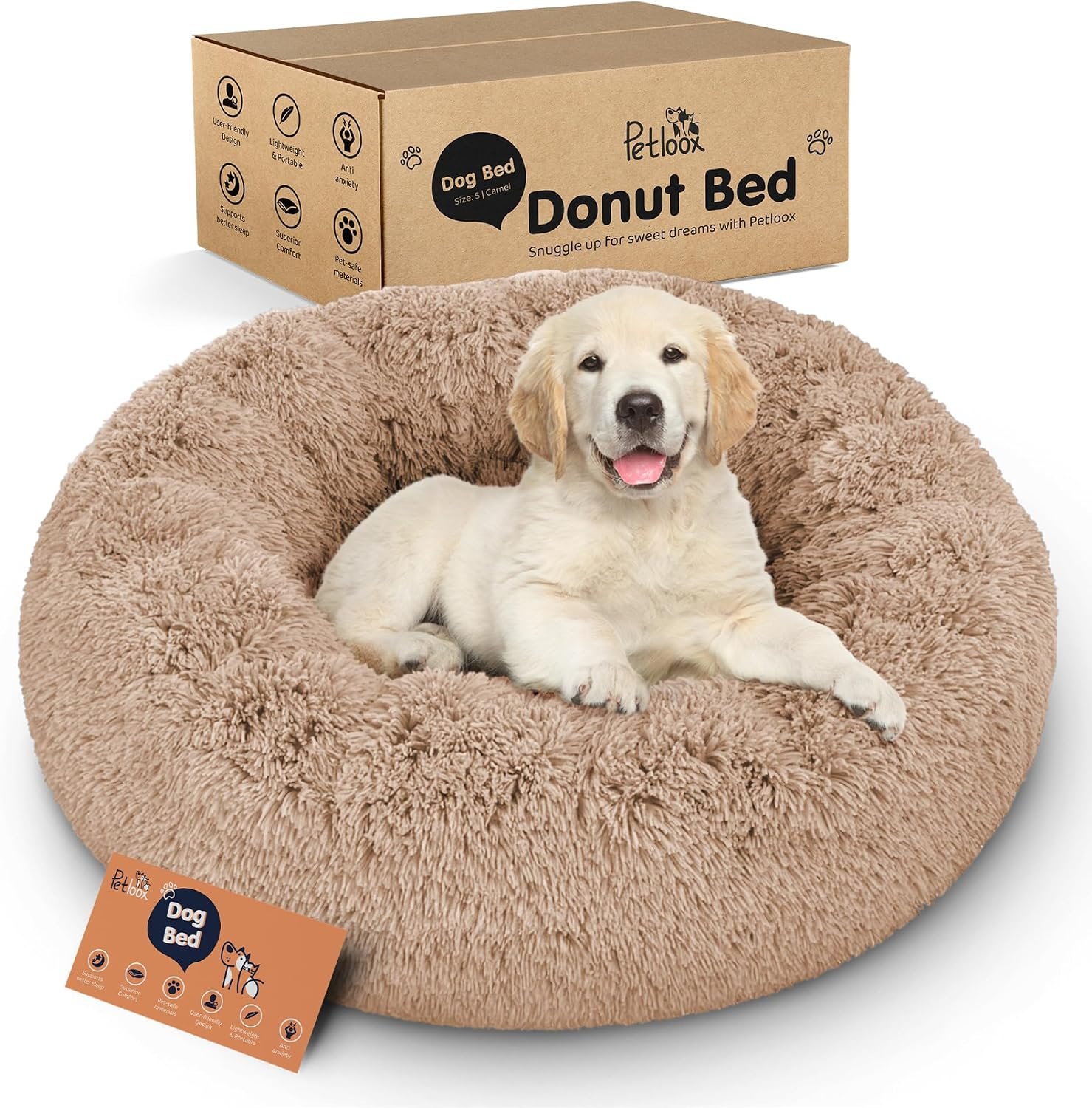 Calming Donut Dog Bed for Small Dogs, Round Dog Bed for Medium & Large Dogs | Soothing Raised Rim, Plush Faux Fur, Keeps Its Shape, Machine Washable, Non-Slip Waterproof Base, Camel, Small