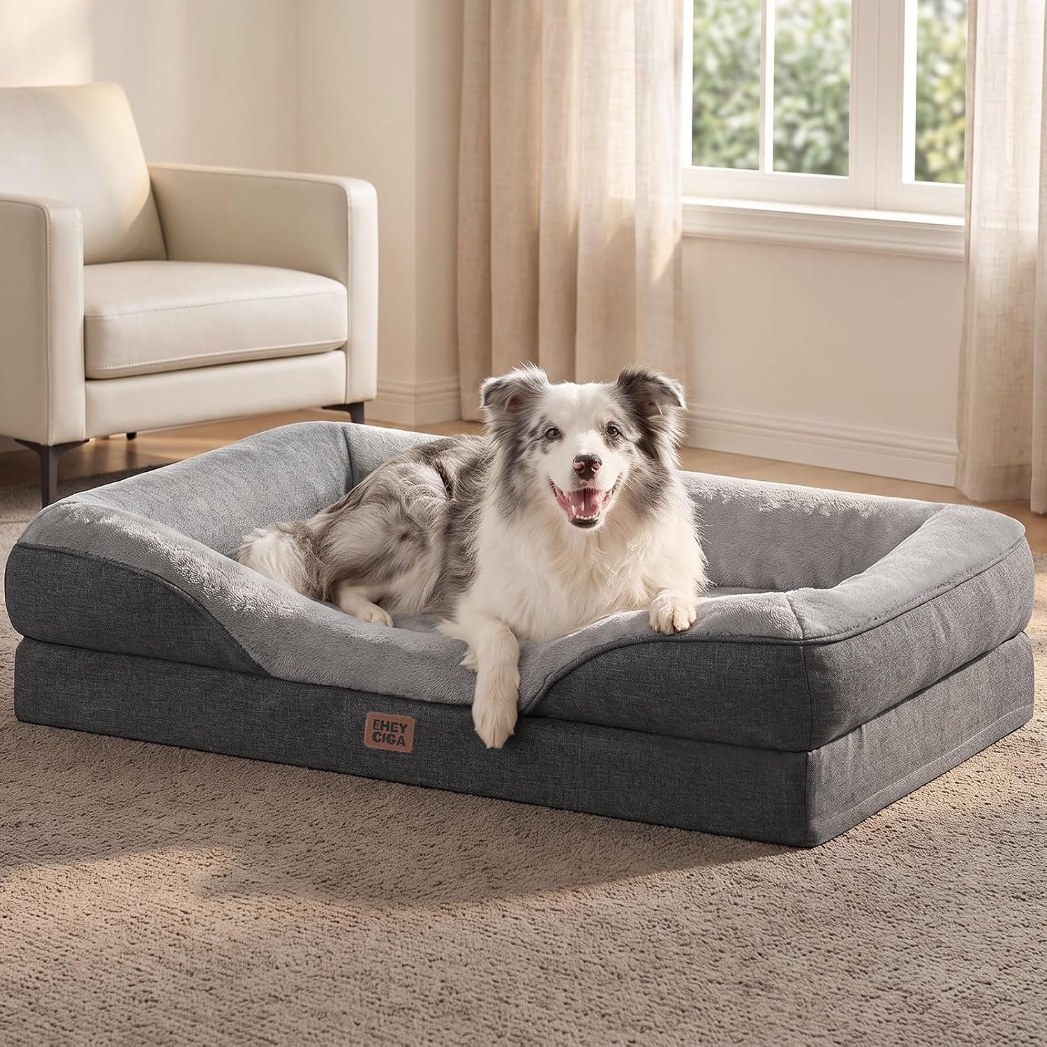 EHEYCIGA Orthopedic XL Dog Bed for Large Dog, Memory Foam Dog Couch, Grey | 42×30 Inch Extra Large Sized Dog Sofa with Sides, Waterproof Liner & Washable Removable Cover, Bolster Pet Couch