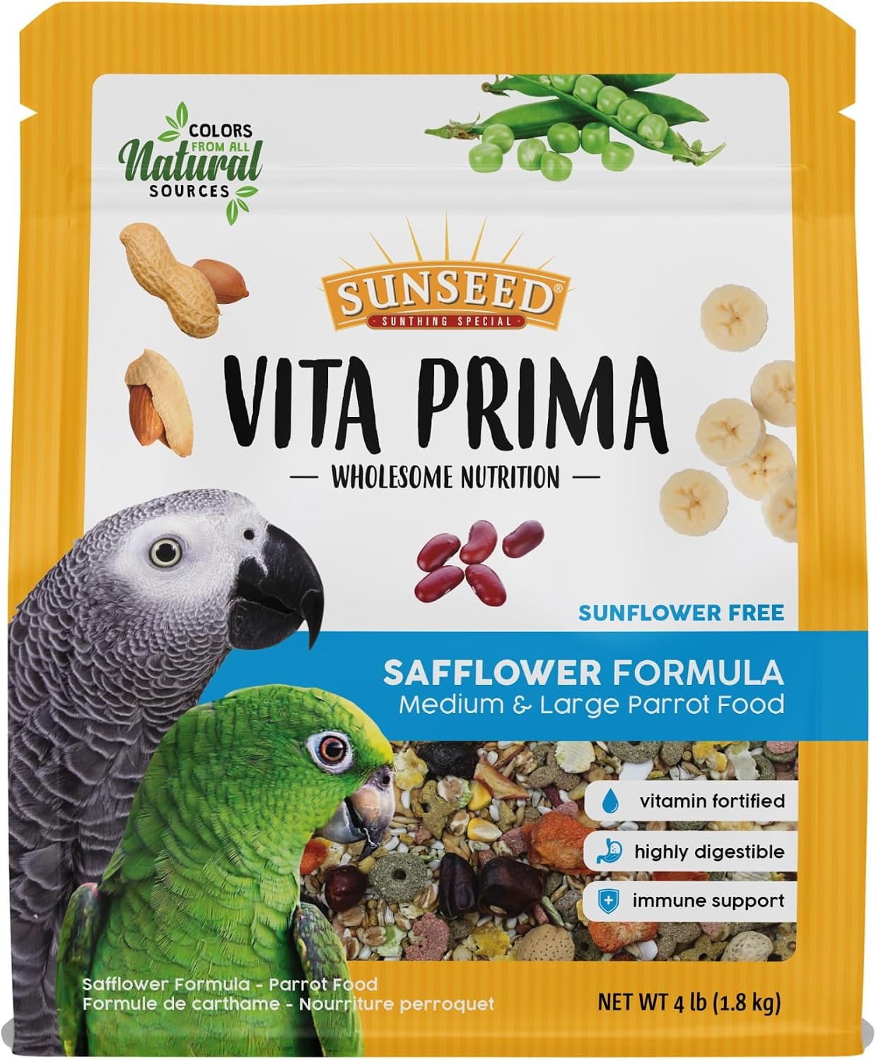 Vitakraft Sunseed Vita Prima Safflower Formula Parrot Food for Medium and Large Birds 4 lb. Bag with Seeds Grains Fruits and Veggies for Wholesome Daily Nutrition Your Parrot is Family