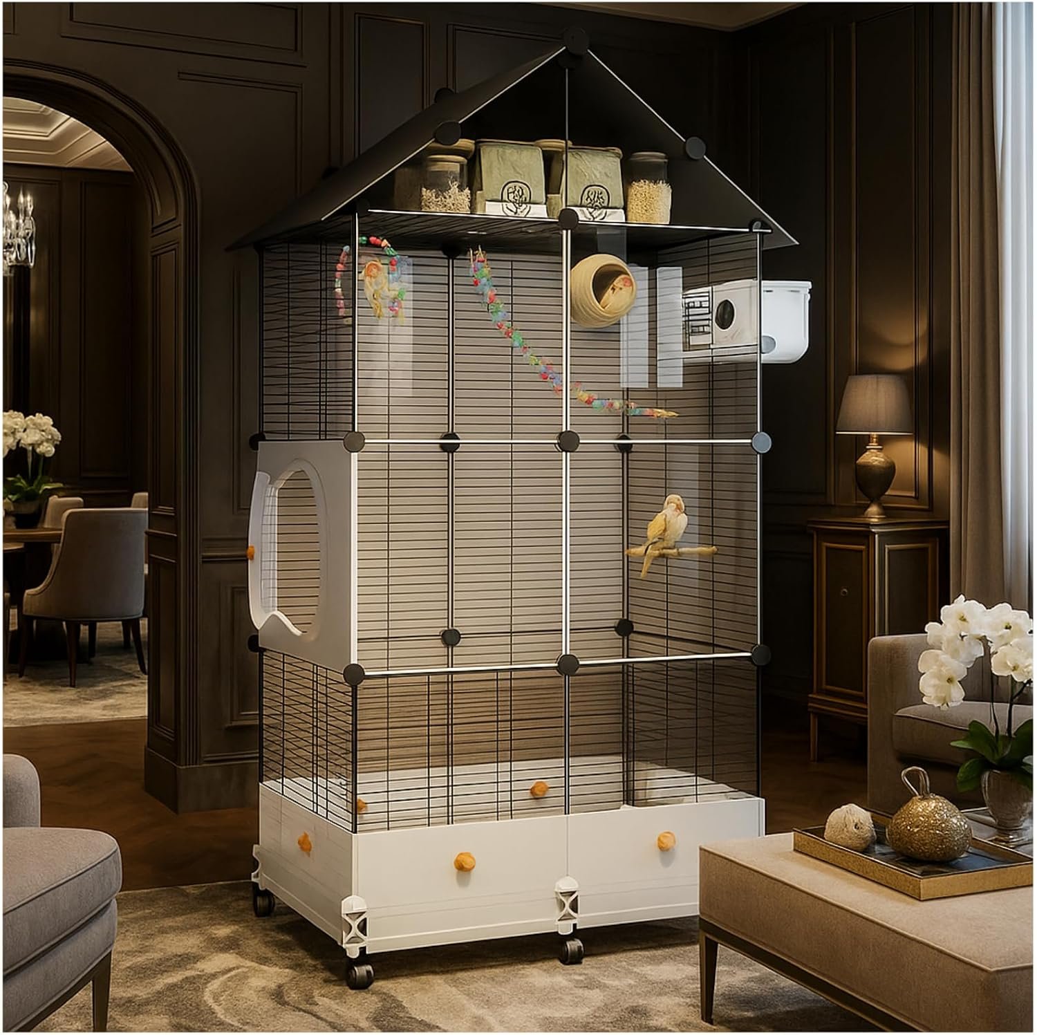 60in Large Flight Bird cage, Equipped with Bird’s Nest， Ladder, Swing, Feeder, etc. with Wheels for Easy Outdoor Movement, Suitable for Parrots, Pigeons (Black)