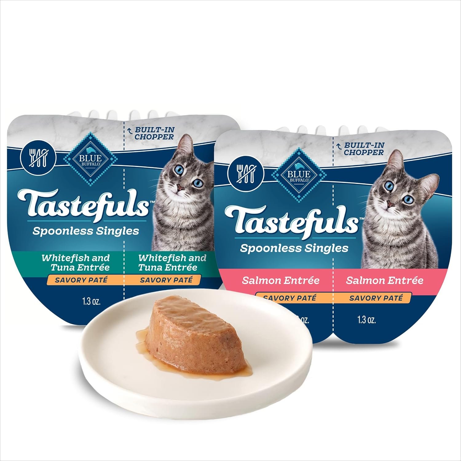 Blue Buffalo Tastefuls Variety Pack Spoonless Singles, 2.6 oz, 12 ct | Paté Style, Whitefish/Tuna & Salmon Entrées (6 of Each), Smooth, Silky Wet Cat Food Patés, Twin-Pack Trays