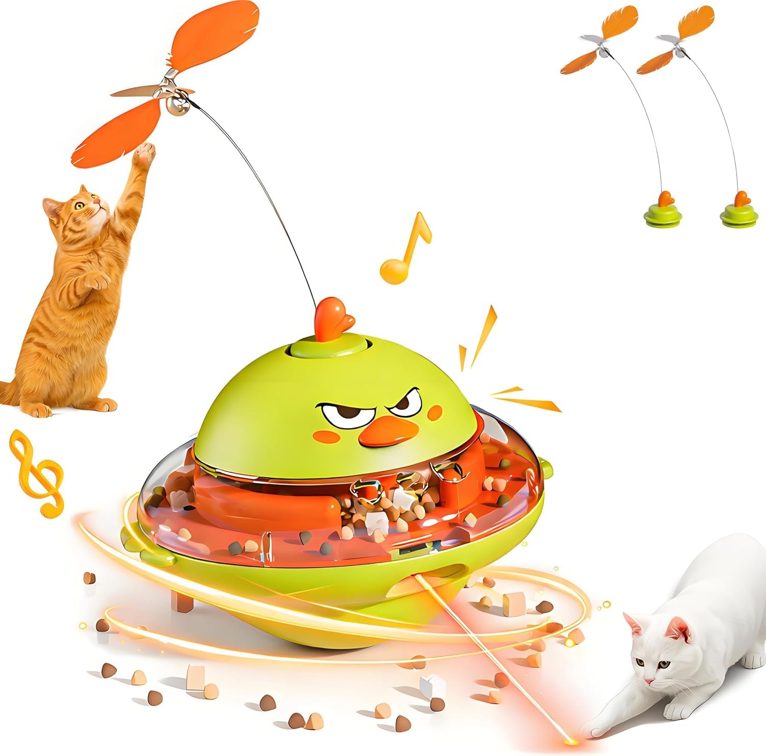 Interactive Cat Toy for Indoor Cats with Laser, Feather & Treat Dispenser | 360° Wobbling Motion, Lifelike Chirps And A Fluttering Butterfly Engage Bored Kittens; Auto-Off And Non-Toxic ABS Add Safety