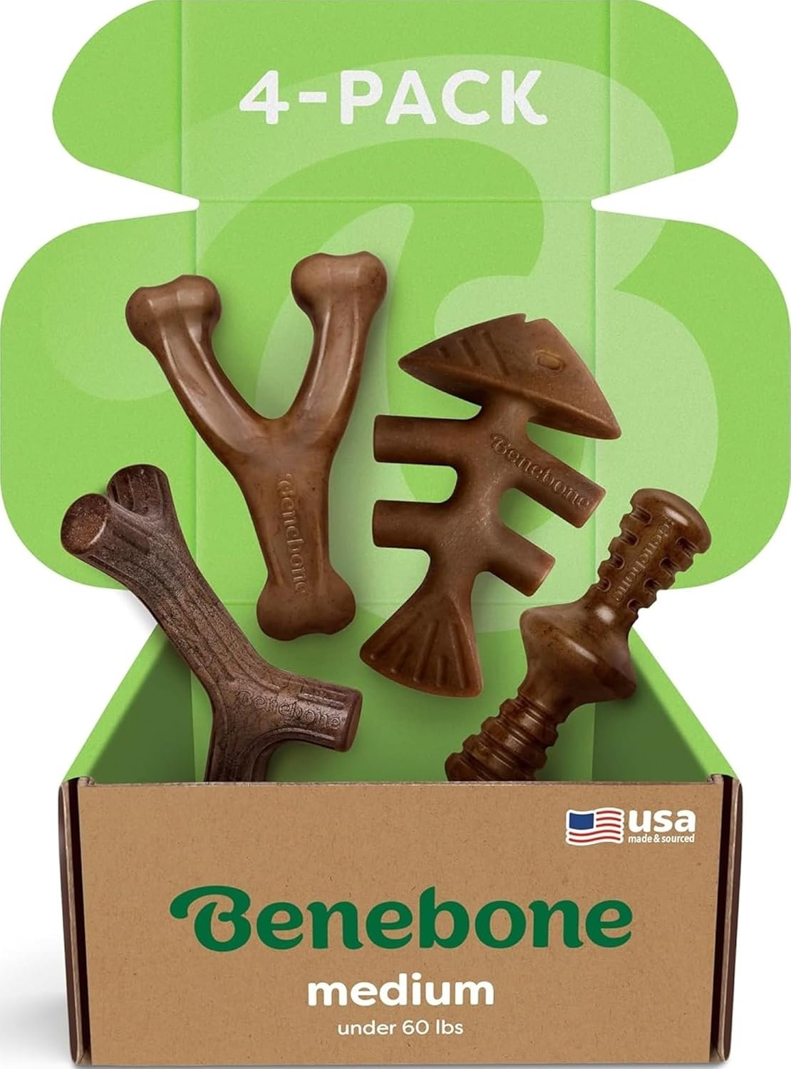 Benebone Medium 4-Pack Dog Toys for Aggressive Chewers – Under 60 lbs | Durable, Multipack, Super Chewer, Made in USA, Dog Bones, Long-Lasting, A Size for Every Dog, Keeps Them Busy