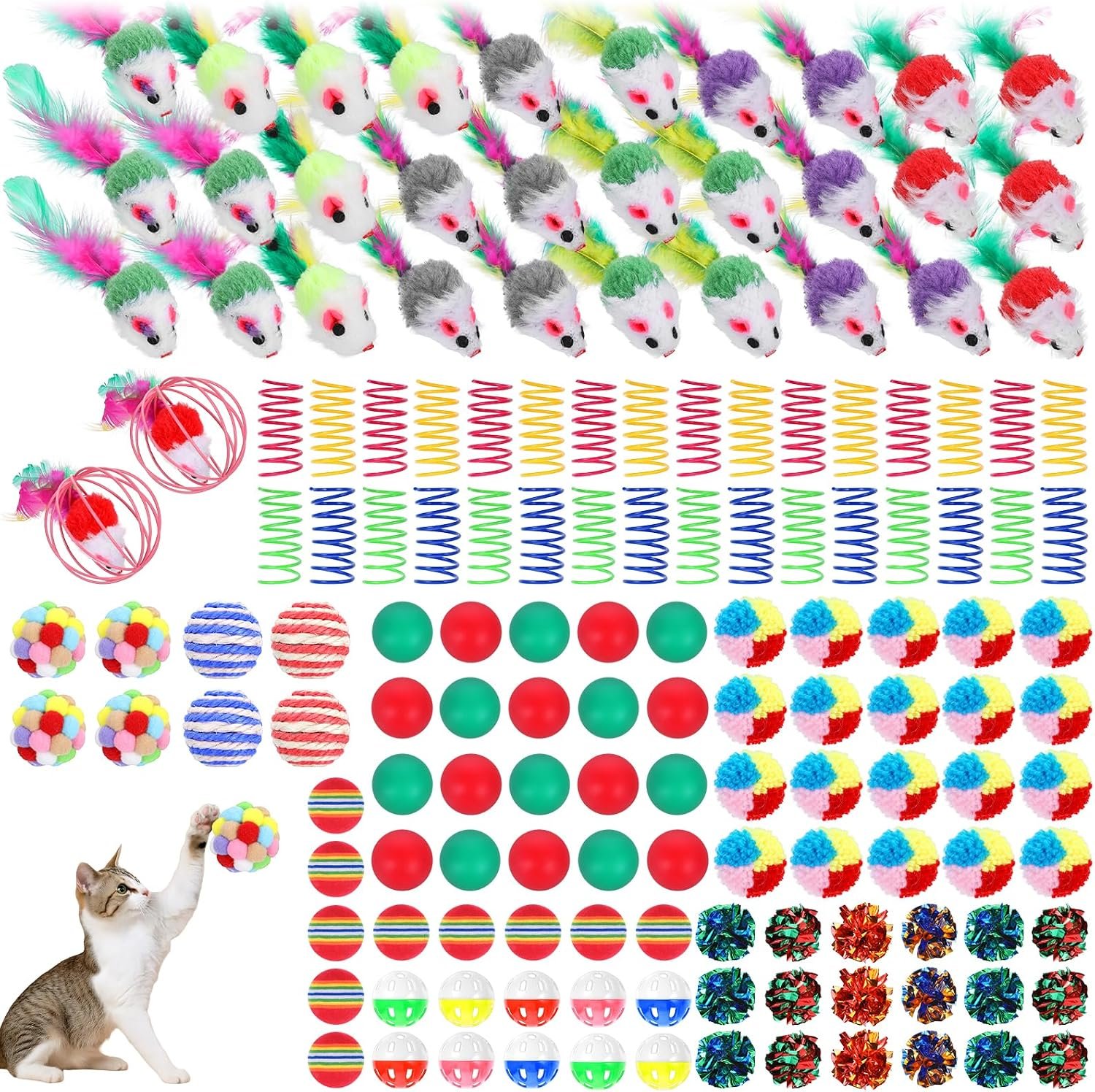 150 Pcs Cat Toys Bulk for Indoor Cats, Kitten Toys Assorted Variety Pack | Mice Rainbow Balls/Springs Crinkle Balls/Lattice/Sisal/Table Tennis/Plush/Caged Bell Christmas Gift for Kitty Kitten Cat