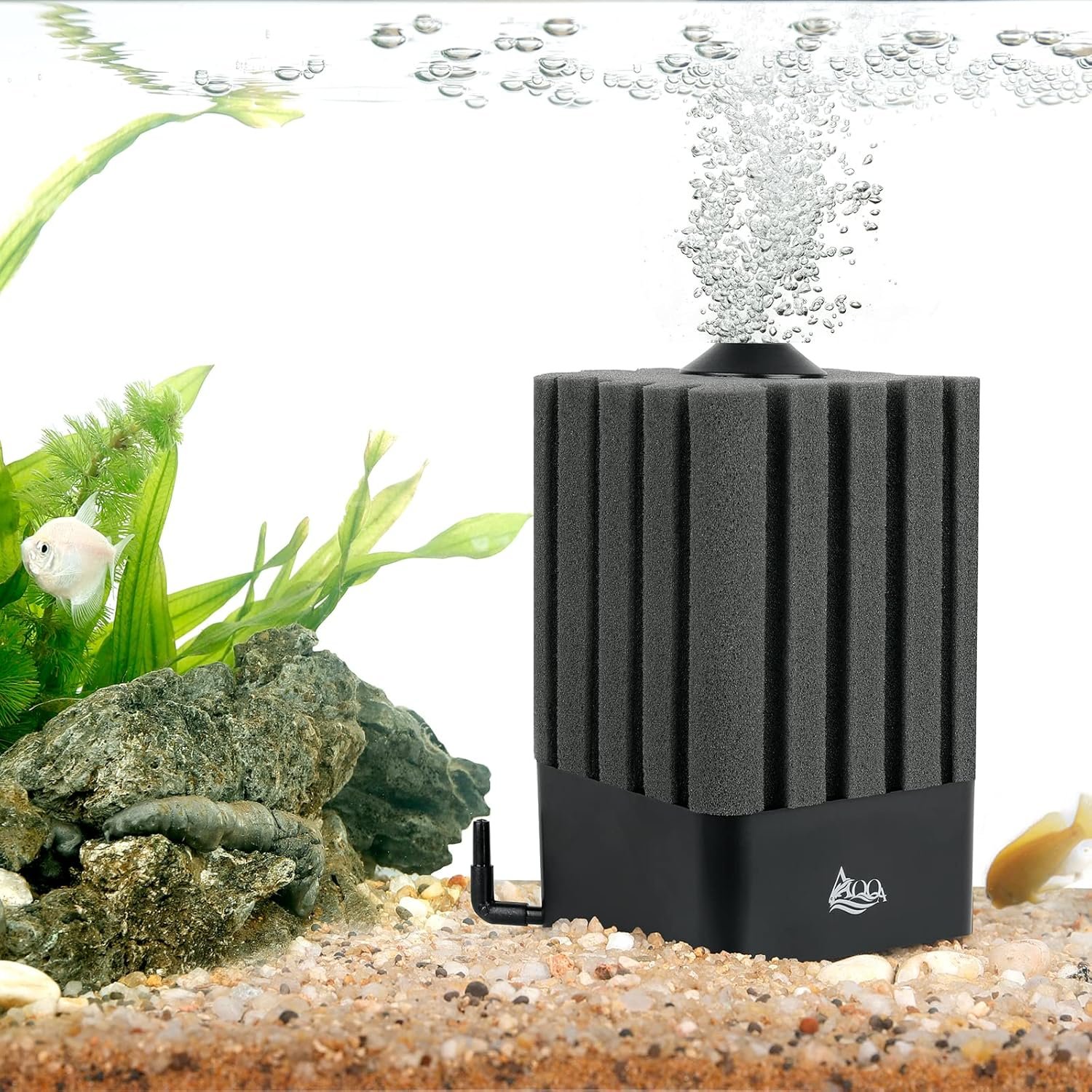 AQQA Aquarium Sponge Filter Submersible Fish Tank Filter | Ultra Quiet Air-Powered Filter with Ceramic Media Balls and Spare Sponge, Gentle Flow Corner Filter for Betta Shrimp Tank