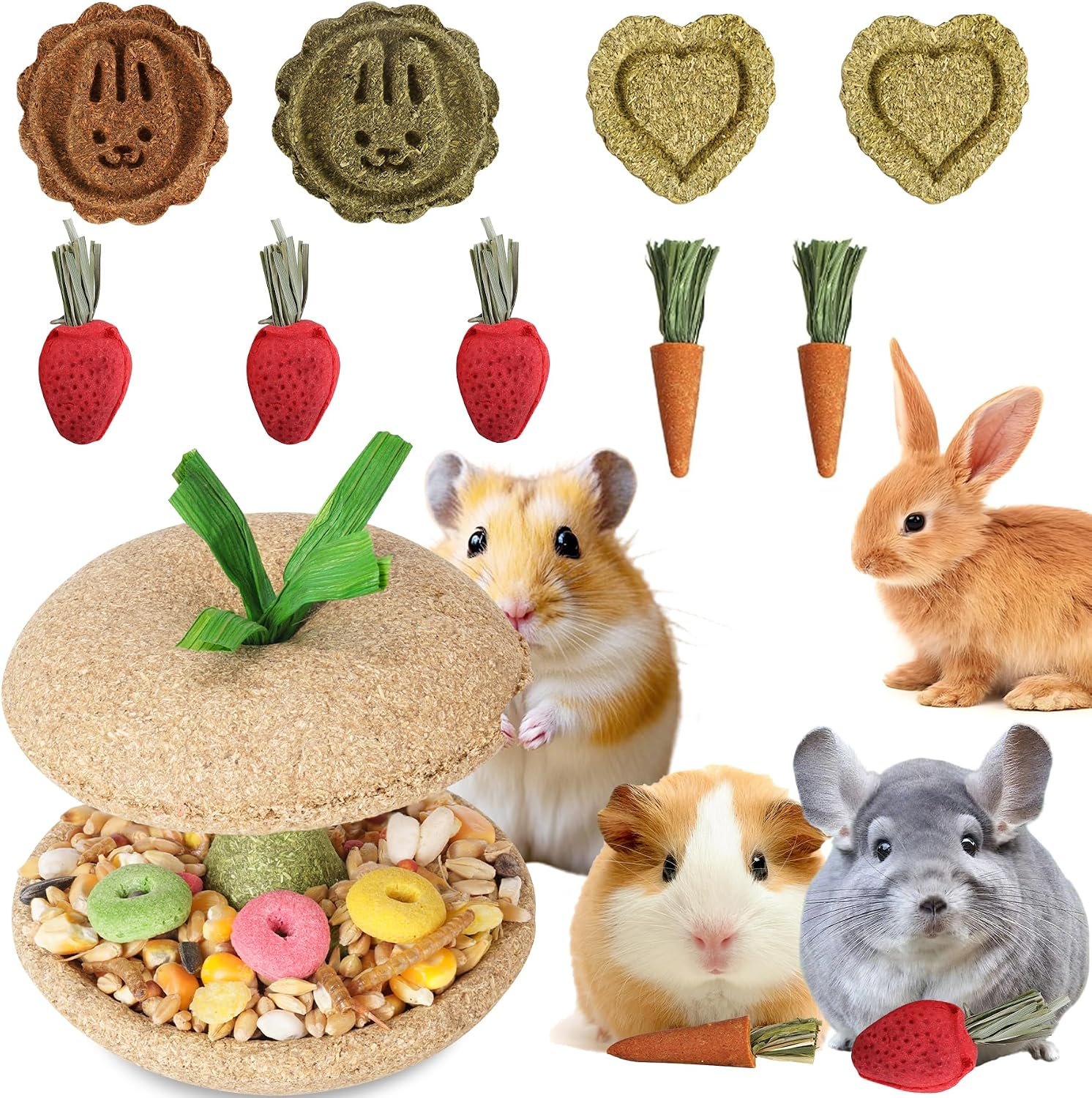 10 PCS Hamster Chew Toys, Guinea Pig Chew Toys for Teeth Natural Timothy Chinchilla Treats Apple Core, Grass Cake, Carrot and Strawberry for Gerbil, Rat, Rabbit and Small Animal Dental Care