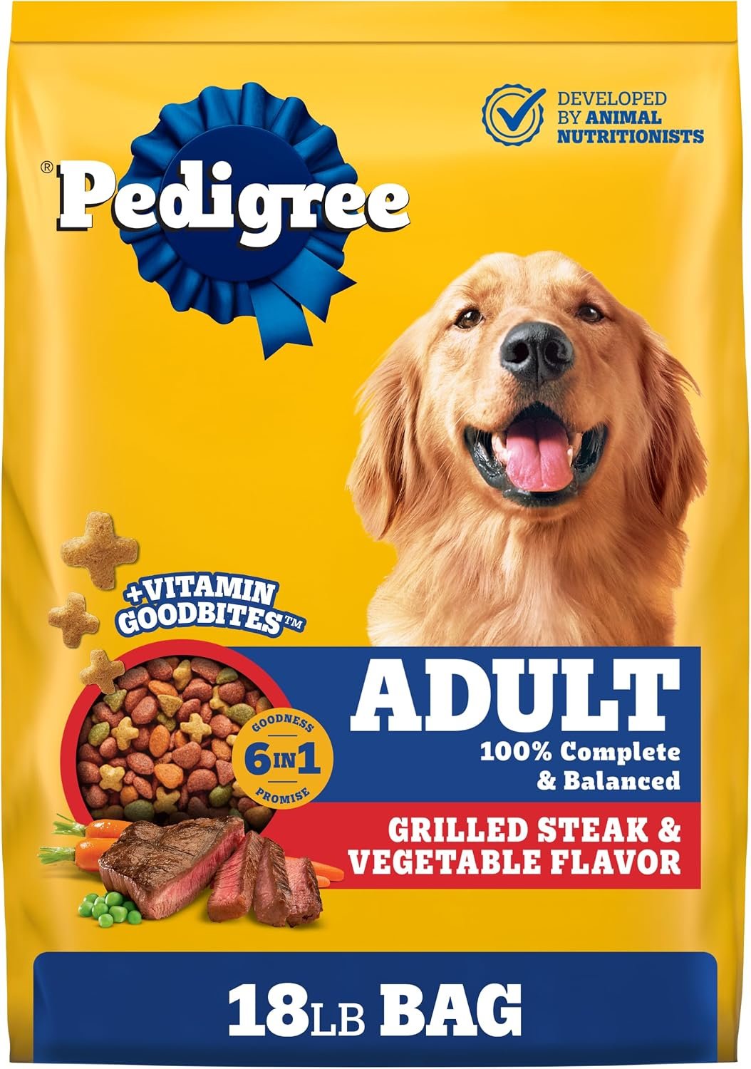 Pedigree Complete Nutrition Dry Dog Food, Steak & Vegetable, 18 lb | Nutrient boost, prebiotic fibers, 36 vitamins & minerals, Omega 6 & Zinc, natural flavors, supports skin & coat
