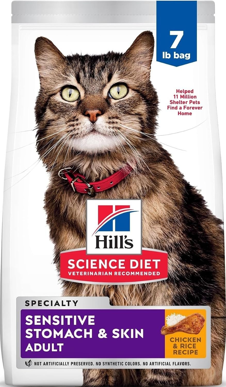 Hill’s Science Diet Sensitive Stomach & Skin Dry Cat Food | #1 Veterinarian Recommended, Adult Formula, Chicken & Rice, 7 lb. Bag (Updated Formula)