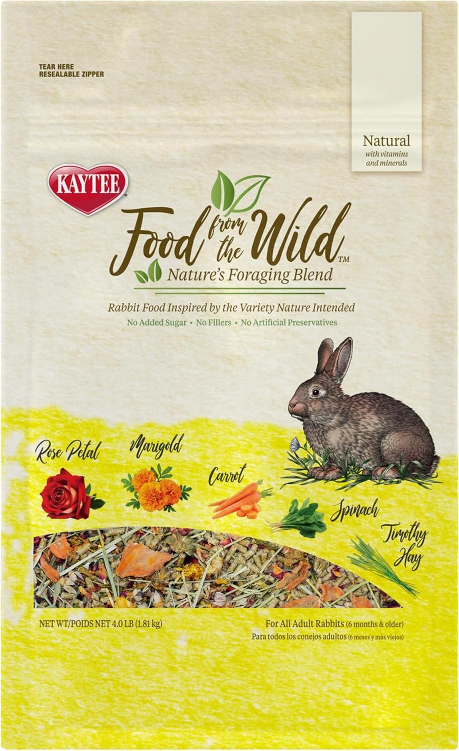 Kaytee Food from The Wild for Rabbits, 4 Pounds | Daily foraging support. Rabbit pellets with timothy hay. Alfalfa-free adult rabbit food, no added sugar