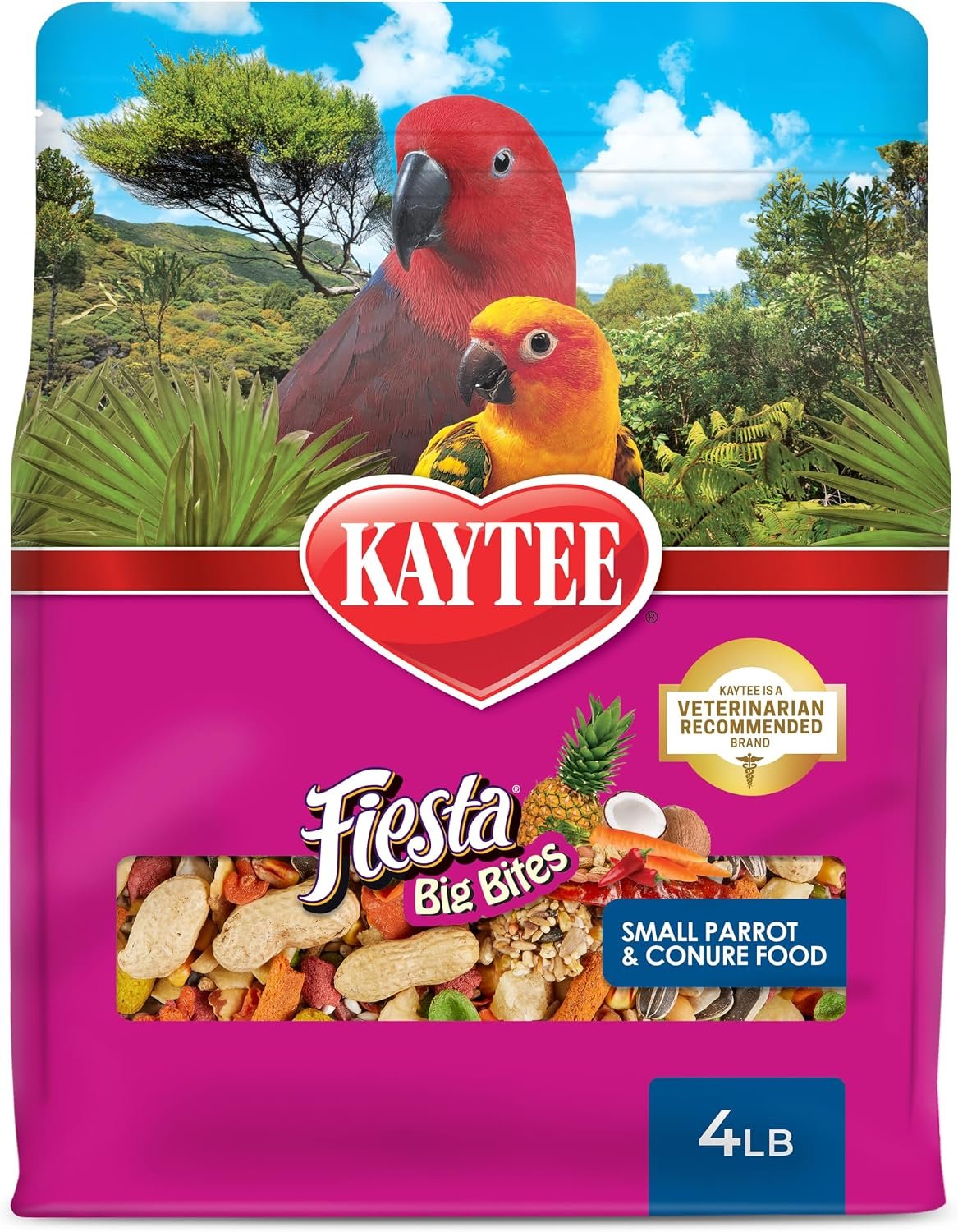 Kaytee Fiesta Big Bites Small Parrot & Conure Bird Food, 4 Pounds | More engaging meals. Parrot food with shapes and textures. Bird feed with fruits, vegetables, seeds