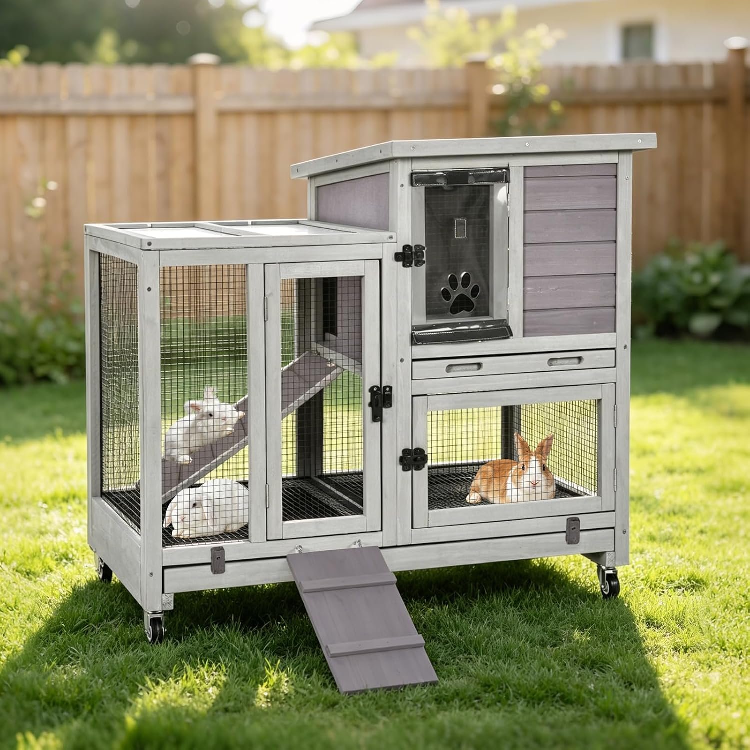 Aivituvin Rabbit Hutch Large Wooden Bunny House Guinea Pig Cages on Wheels, Two Trays, Indoor Outdoor