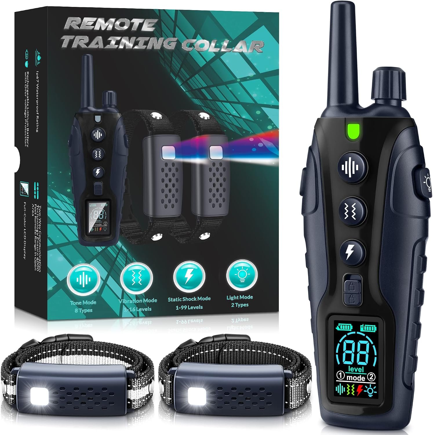 Dog Shock Collar 2 Dogs(15-150lbs) with Flashing Light for Night Walks,4500FT Dog Training Collar Adjustable Pitch Beep(1-8), Vibration(1-16), Safe Shock(1-99), and Keypad Lock