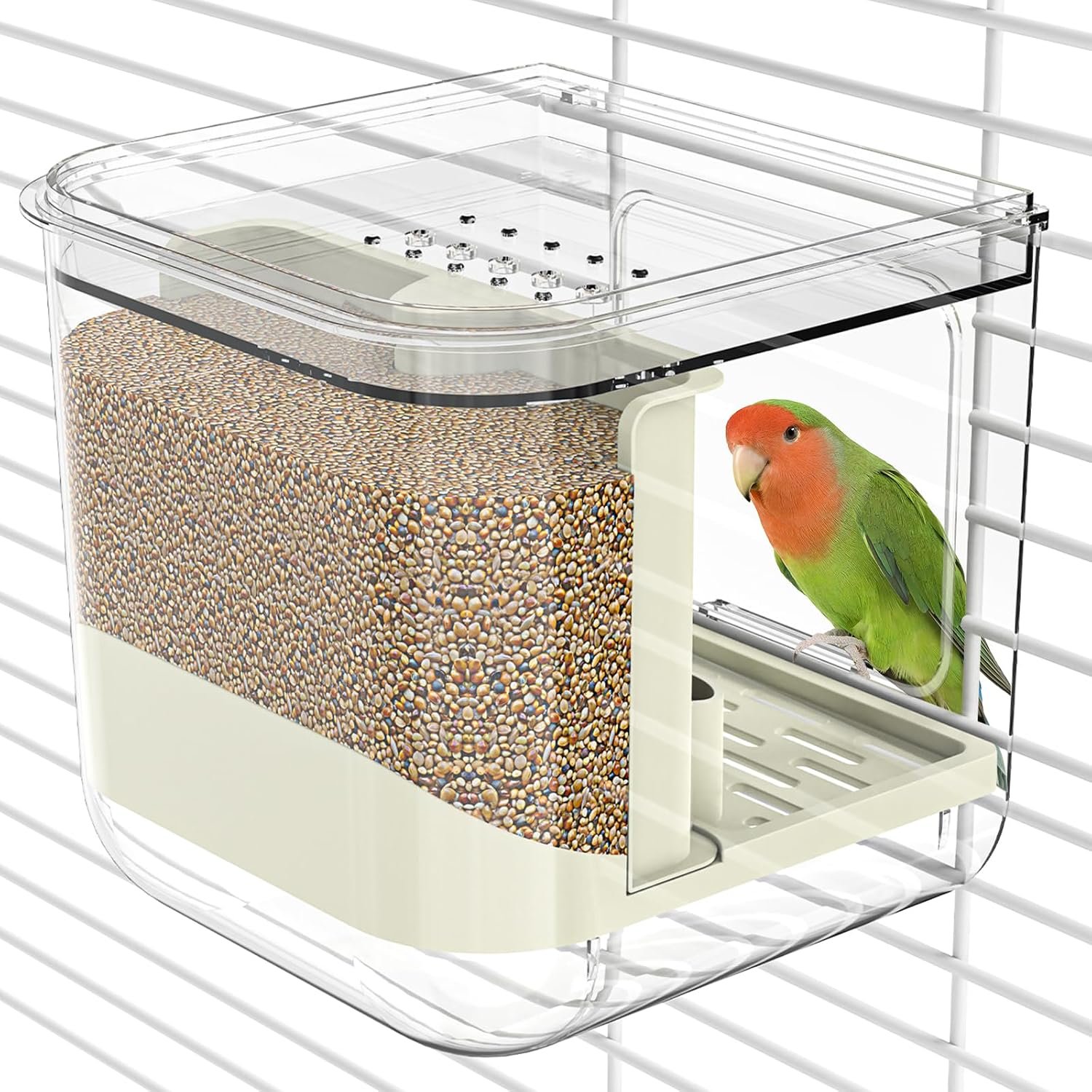 No Mess Automatic Bird Feeder for Cage,Parakeet Seed Catcher,Food Container | Preventing Birdseed Husk Spillage,Gravity-Fed Feeding,High-Capacity,Versatile Feeder or Bath,Top-Loading for Refilling
