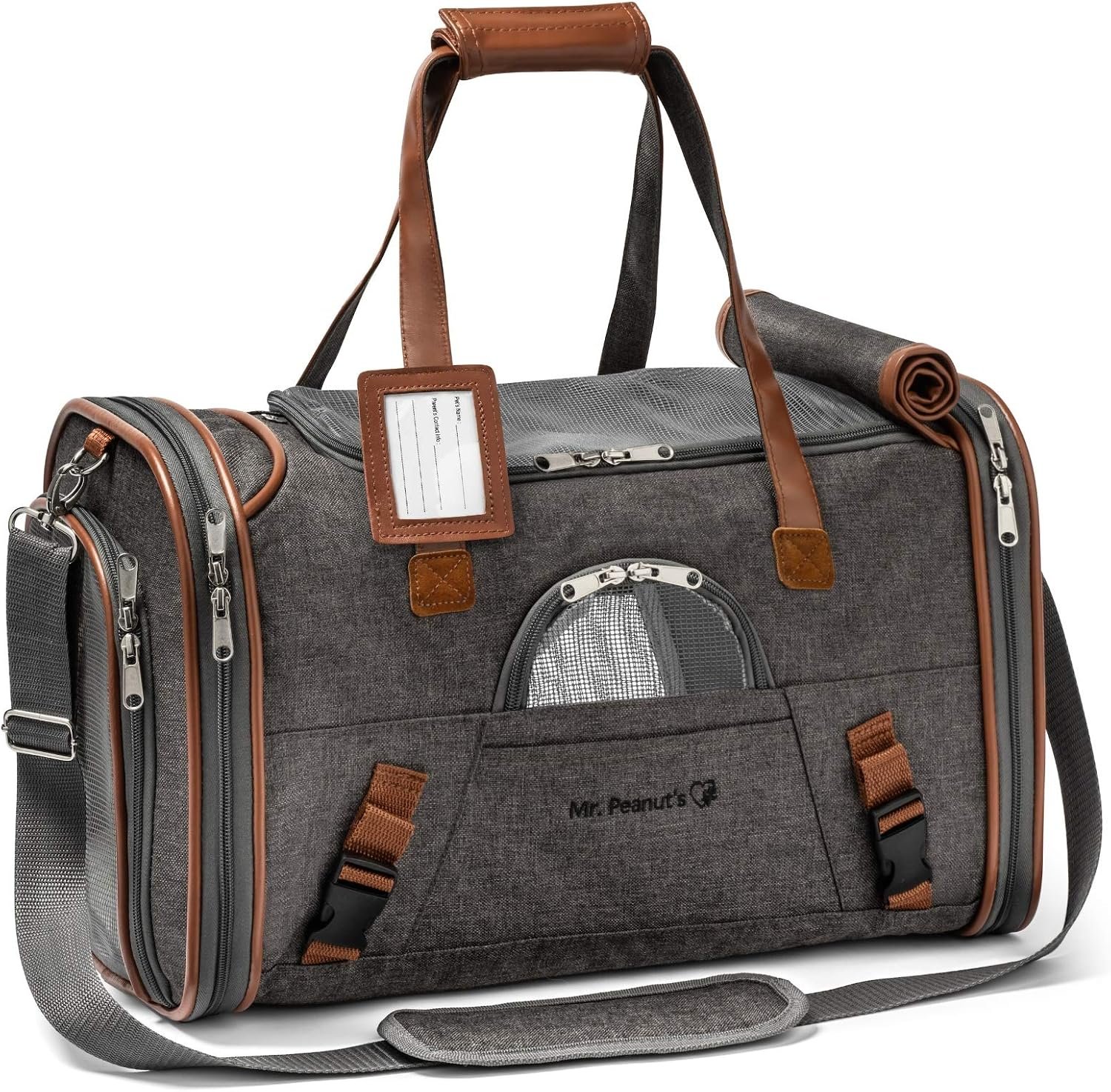 Mr. Peanut’s Airline Approved Soft Sided Pet Carrier, Low Profile Gold Series Tote, Premium Brand Self Locking Zippers, Under Seat Compatibility, Plush Faux Fleece Bedding with a Sturdy Plywood Base