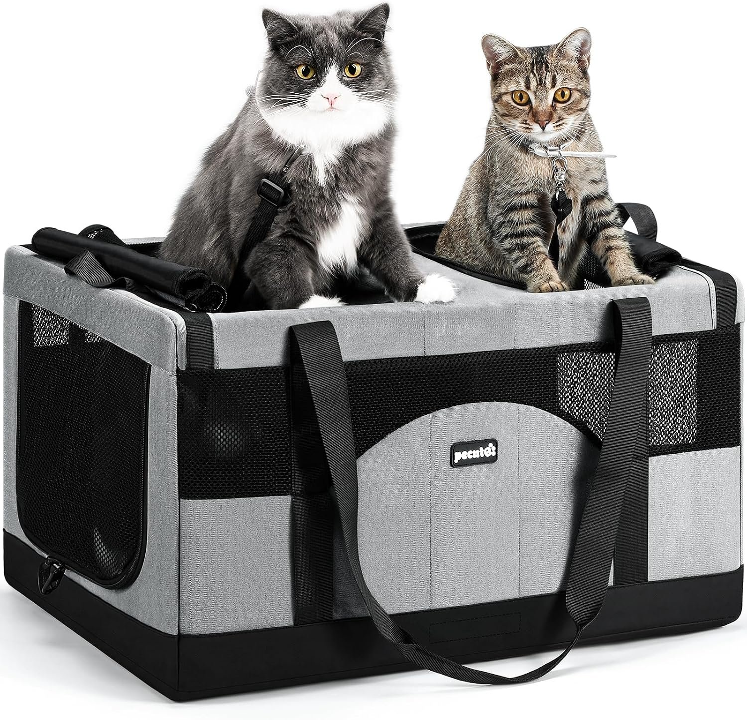 Pecute Large Cat Carrier, Soft Double Pet Crate for 2 Cats Travel, Gray | Anti-Collapse Steel Frame, Convertible Dual Space, Foldable, Polyester Breathable mesh, Up to 26 lbs, Car Travel & Vet Visits