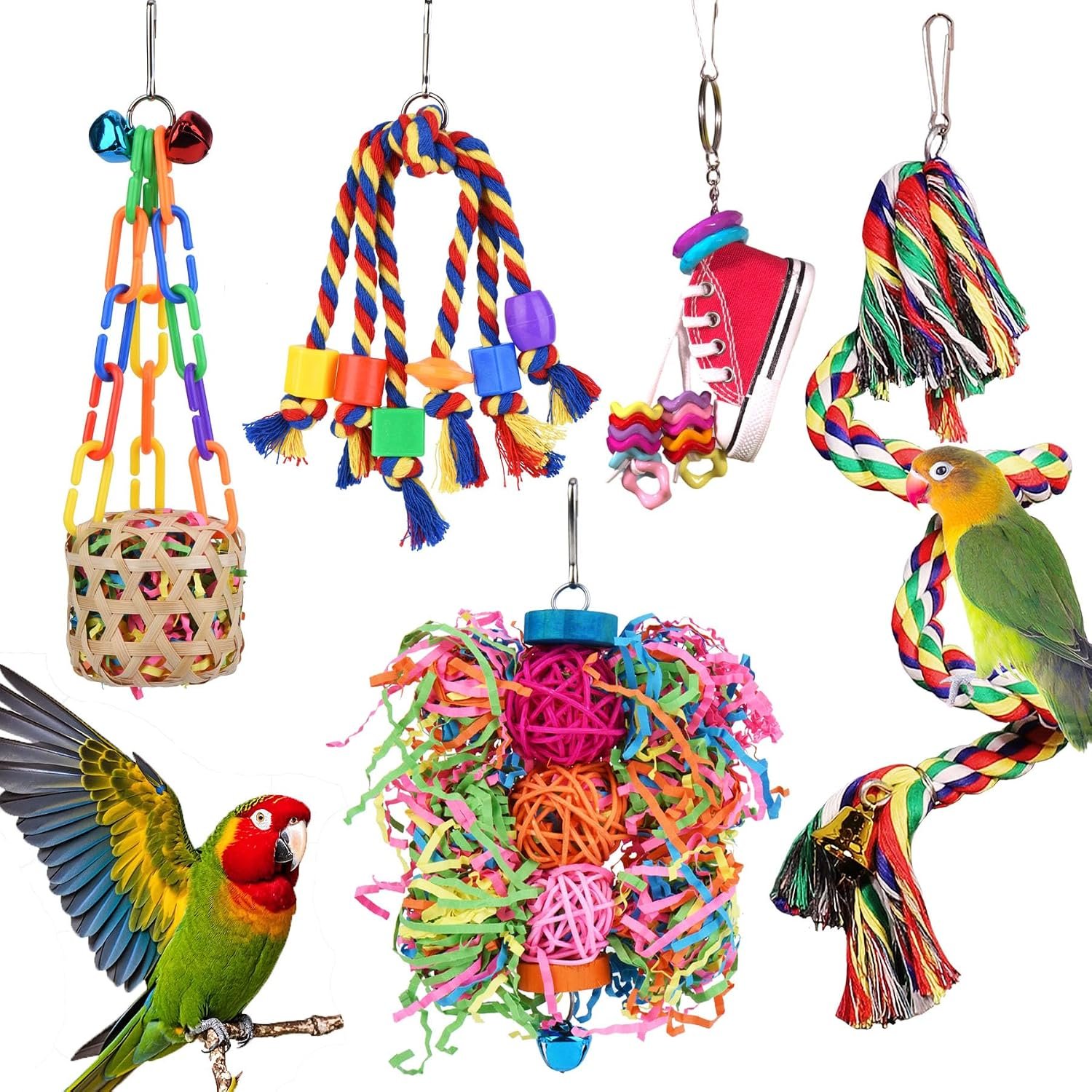 Parrot Parakeet Bird Toys, Cockatiel Budgies Cage Toys | Parrot Conure Shredding Foraging Toys with Rope Perch, Bird Cage Accessories for Cockatiel Budgies Lovebird