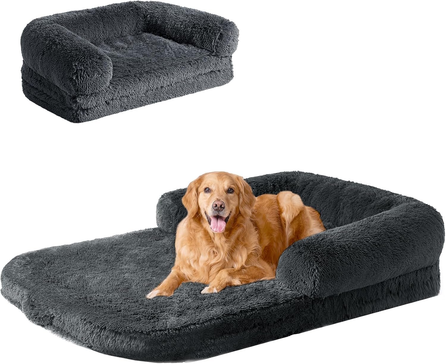 EHEYCIGA Foldable XXL Dog Bed for Large Sized Dog – 54x38x7.5, Dark Grey | Faux Fur Fluffy Pet Couch Bed, Orthopedic Calming Memory Foam Big Pet Bed, Washable Pet Sofa Bed with Non-Slip Bottom