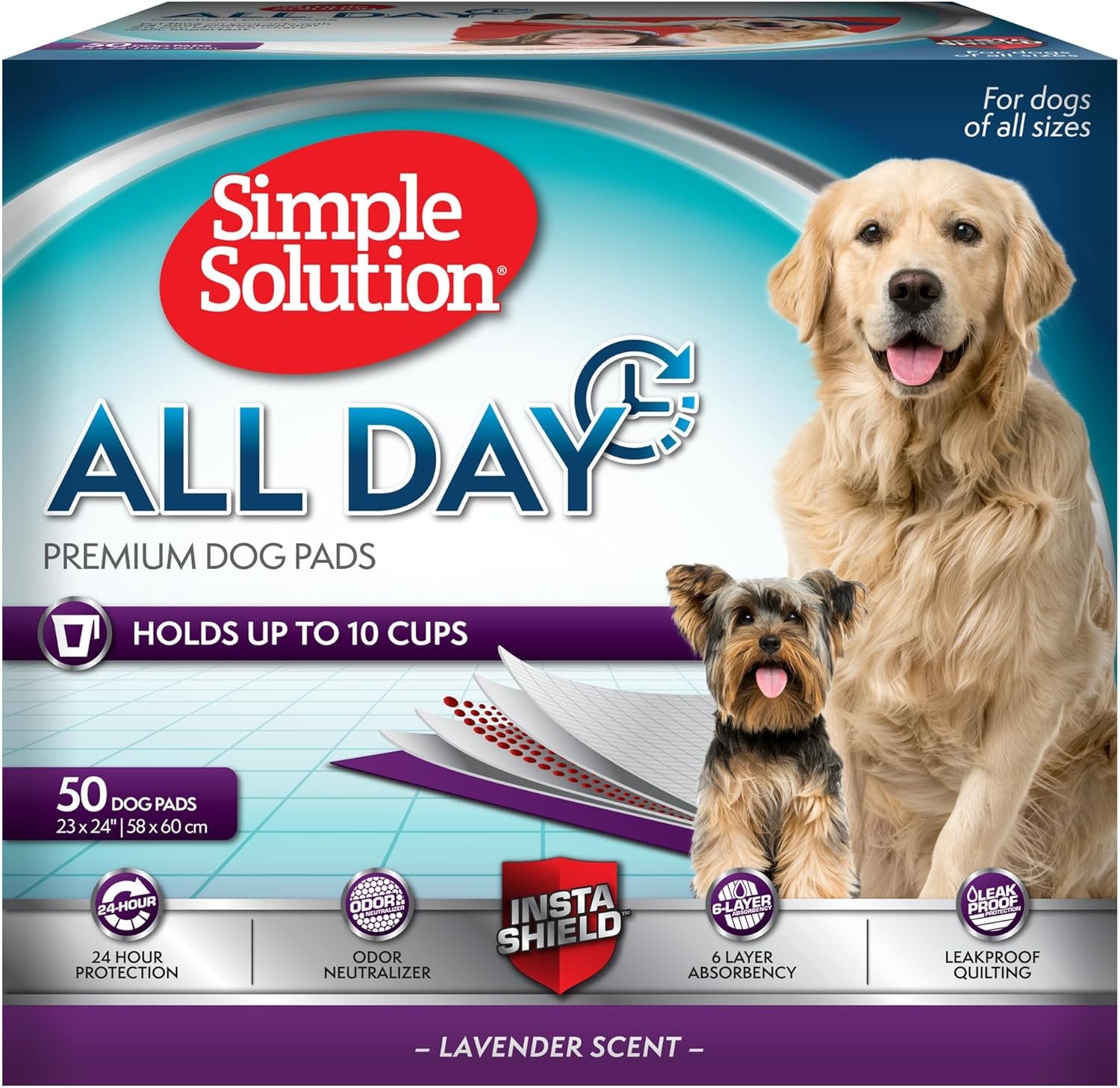 Simple Solution All Day Dog Potty Training Pads, Lavender, 23″x24″ 50 Count | Pee Pads for Dogs, Leak Proof, Odor Control, Extra Absorbent, Quick Dry, Indoor Potty, Floor Protection, Puppy Training