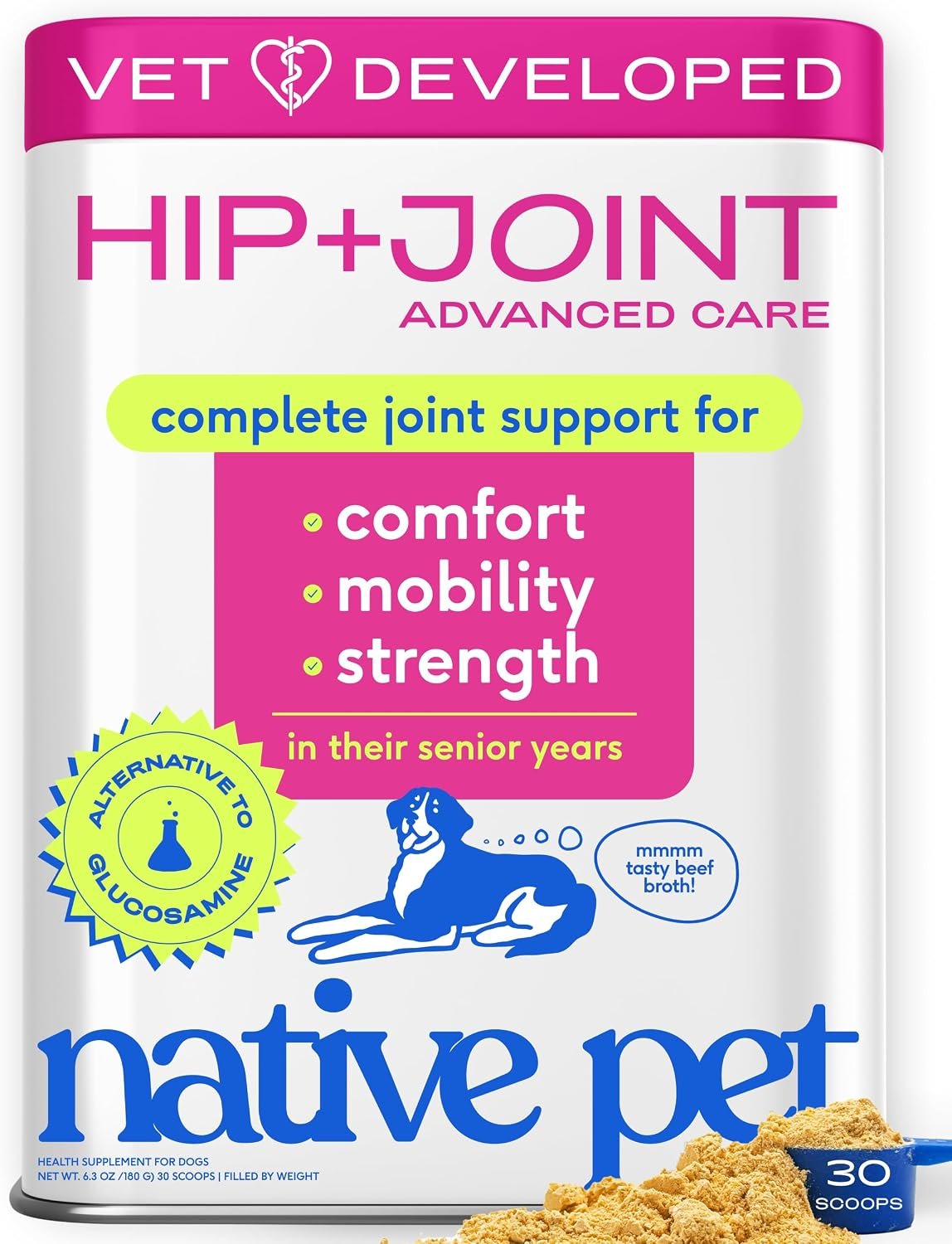 Native Pet Hip and Joint Supplement Dogs – Powder with UC-II Collagen and HMB – Senior and Large Breed Dog Joint Support – Made in USA – 30 Scoops