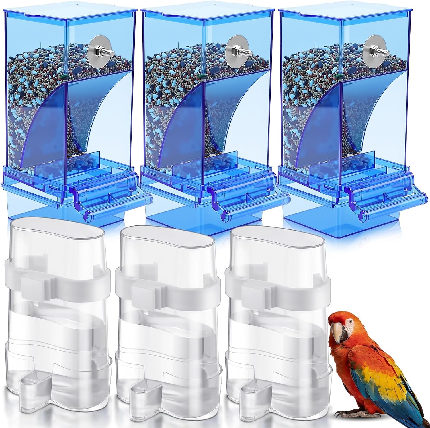Yaomiao 6 Pcs Bird Feeder Waterer No Mess Acrylic Automatic, Blue Feeder