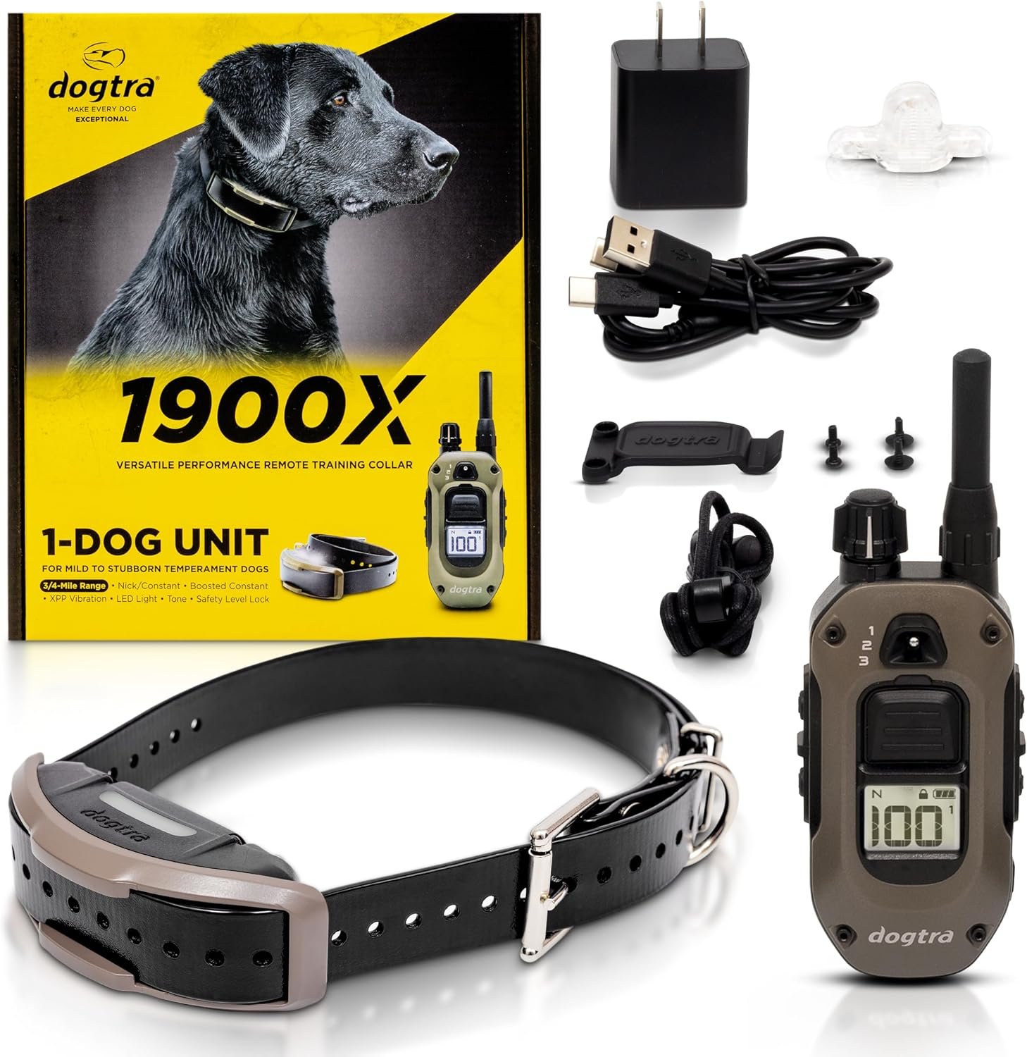 Dogtra 1900X E-Collar for Dog Training – 3/4 Mile Range, for Dogs 35 lbs+, IPX9K Waterproof, 100 Stimulation Levels, Vibration, Tone, Rechargeable – Ideal for Dog Owners and Professional Trainers