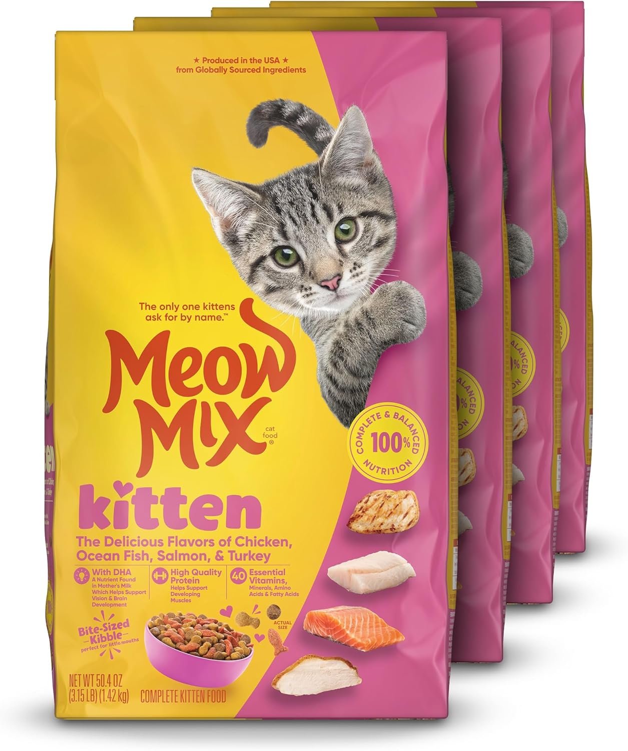 Meow Mix Kitten Li’l Nibbles Dry Cat Food for Kittens, 4 Bags | 3.15 lb. bags, delicious flavors of chicken, ocean fish, salmon and turkey, provides complete and balanced nutrition