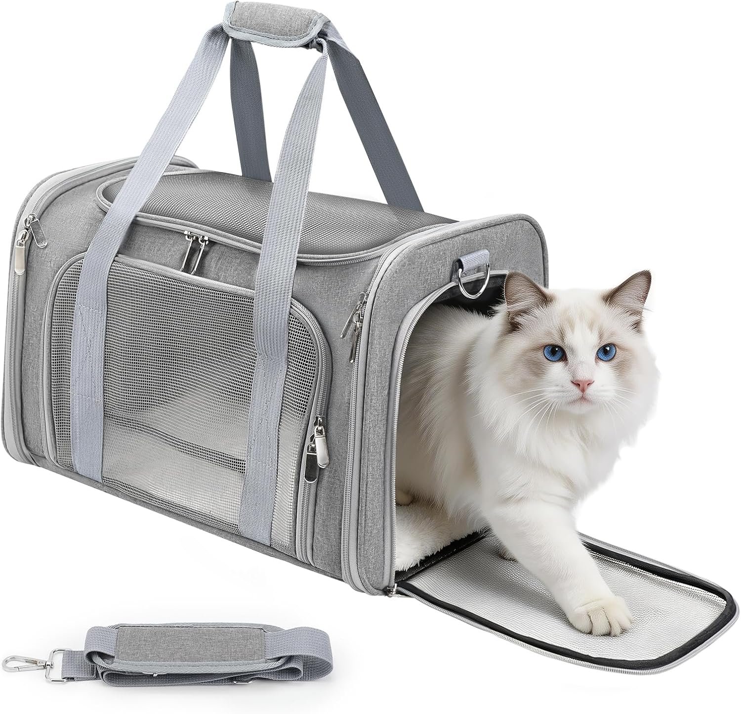 Cat Carrier Soft, Dog Carriers for Small Dog/Large Cat (Up to 16lb) | with High Breathability, Shoulder Strap, Waterproof Mat, Pet Carrier Airline Approved, for Home Outdoor Travel (Gray)