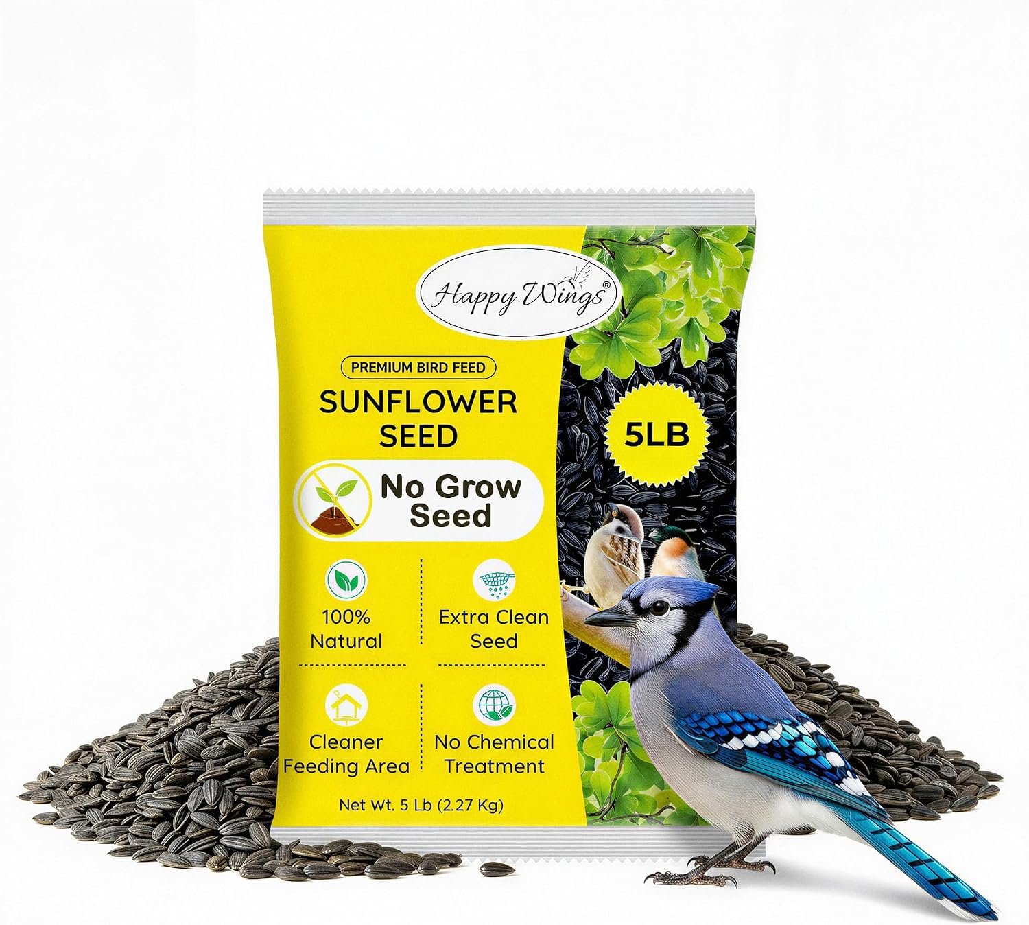 Happy Wings 5 LB Black Oil Sunflower Seeds Bird Food, No Waste Bird Seed | High in Oil & Protein, High Fat & Energy Content, Finches, Sparrows, Chickadees, Cardinals, No Mess