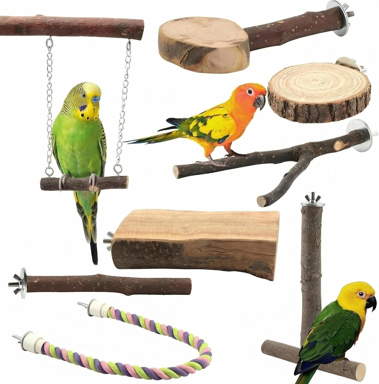 8 Pcs Natural Wood Bird Perch Swing & Bird Rope Platform Set