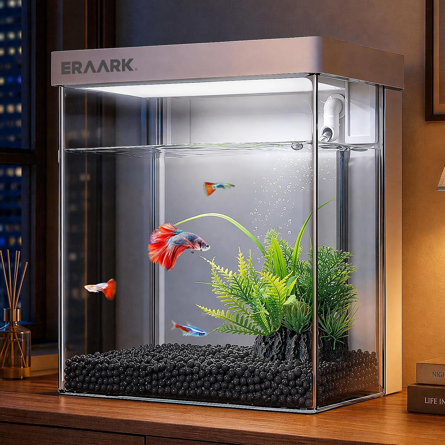 Small Fish Tank Aquarium kit 1.5 Gallon Betta Fish Tank with Silent Water Pump Filter LED Light,Fish Bowl (White)