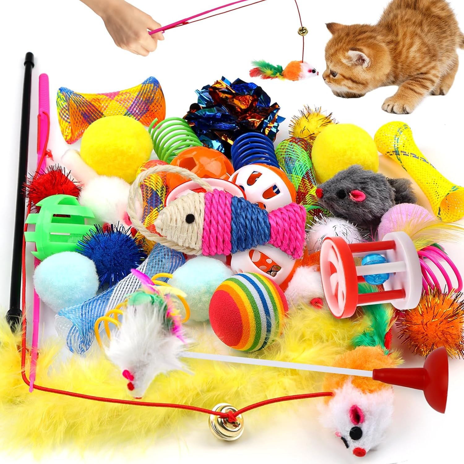 QUOZUO Cat Toys Kitten Toys Assortments, 32 Packs Interactive Cat Toy Variety Pack for Kitty, Cat Wand Toy, Cat Crinkle Balls Bell Balls with Bells, Cat Spring Toy, Catnip Toys for Indoor Cats Kitten