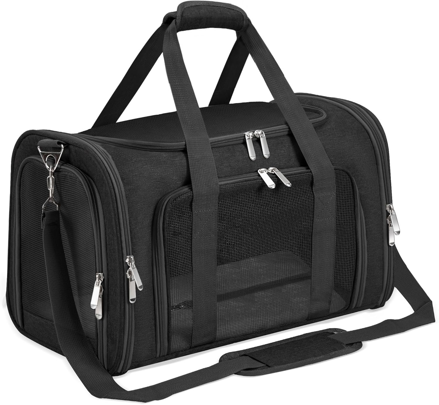 Soft-Sided Cat/Dog/Pet Carrier, Collapsible Pets Travel Carriers | for Big Cats/Small Dogs with Shoulder Strap & Removable Mat, Mesh Puppy Carry Bag, Up to 16 Lbs, TSA Airline Approved(Black)