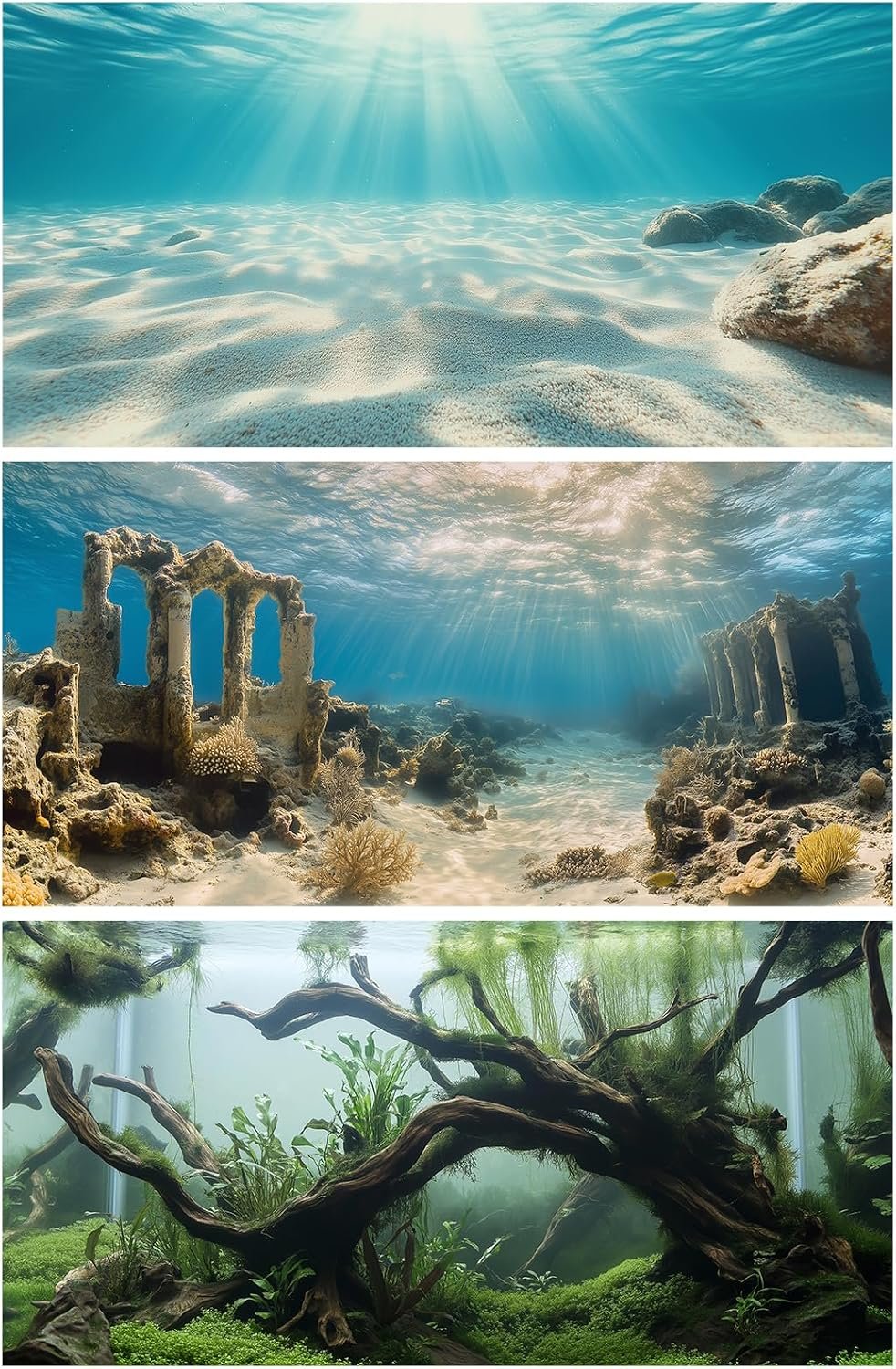 COMSUN 3 PCS Aquarium Background, 36×18 inch Polyester Fish Tank Background | Cloth Fish Tank Background, Undersea Ruins Floor Sunshines & Tree Wood Branches Aquatic Plants
