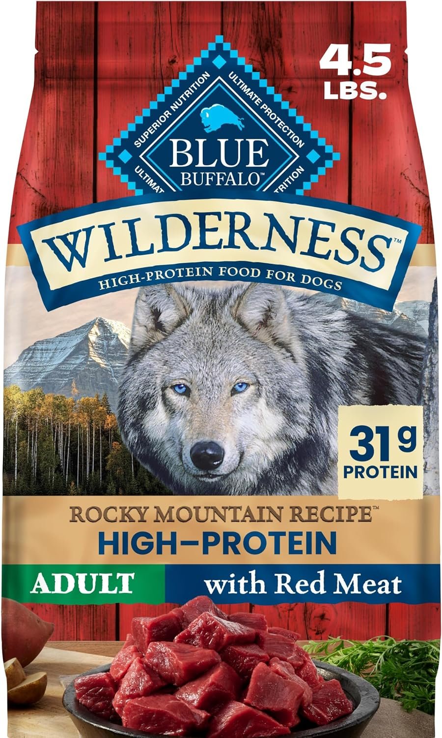 Blue Buffalo Wilderness Rocky Mountain Recipe Adult Dry Dog Food, 4.5 lb | 31g Protein, Real Beef #1 Ingredient, High Protein Red Meat with Wholesome Grains, Antioxidant-Rich Fruits & Veggies