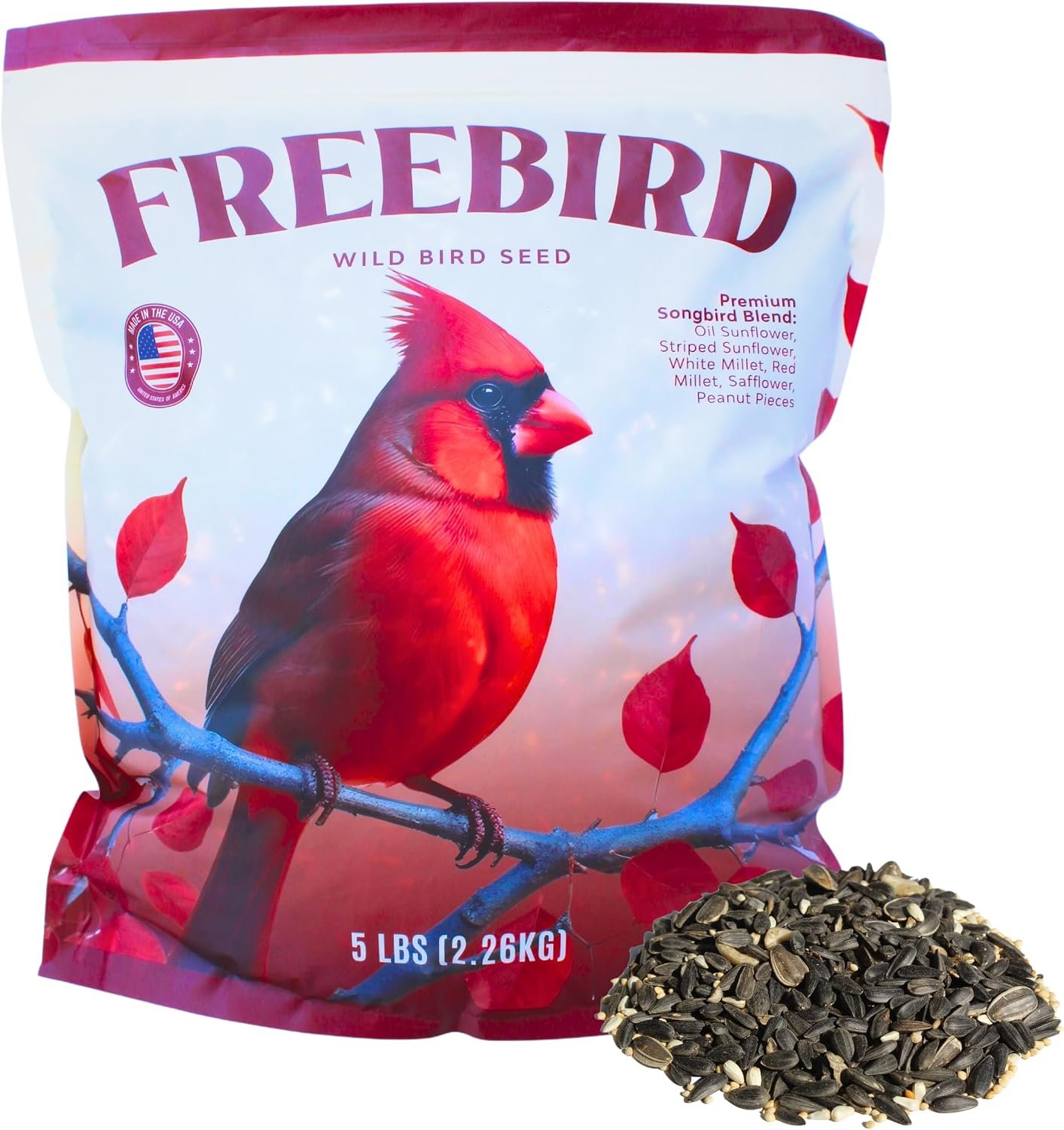 Freebird Premium Songbird Blend Wild Bird Seed for Outdoor Feeders – 5 lb | Premium bird food with black oil sunflower, safflower, millet and peanut pieces. Attracts cardinals, finches and chickadees.