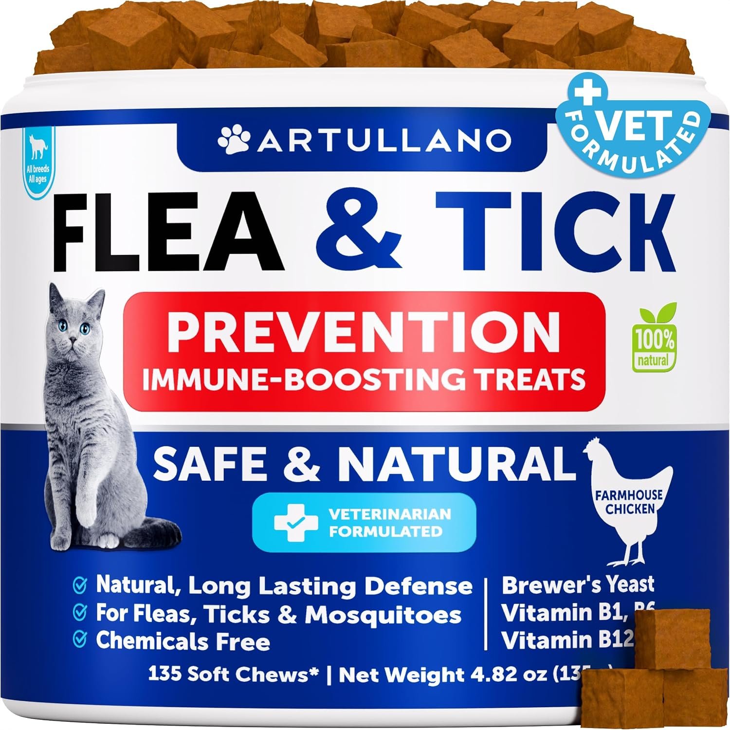 Cat Flea Treatment – Natural Flea and Tick Prevention Supplement for Large & Smal Cats – Immune Support Chews with Vitamins – Pest Defense Oral Pills – Farmhouse Chicken 135 Soft Chews