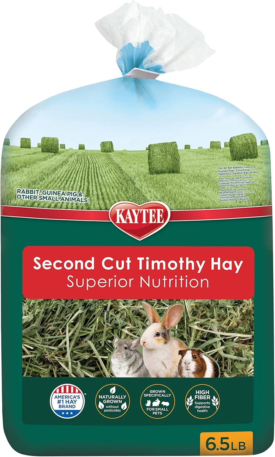Kaytee 2nd Cut Soft and Lush Timothy Hay for Guinea Pigs & Rabbits | Digestive support. Soft guinea pig food and rabbit hay. Long fiber strands, 2nd cut, hay for rabbits