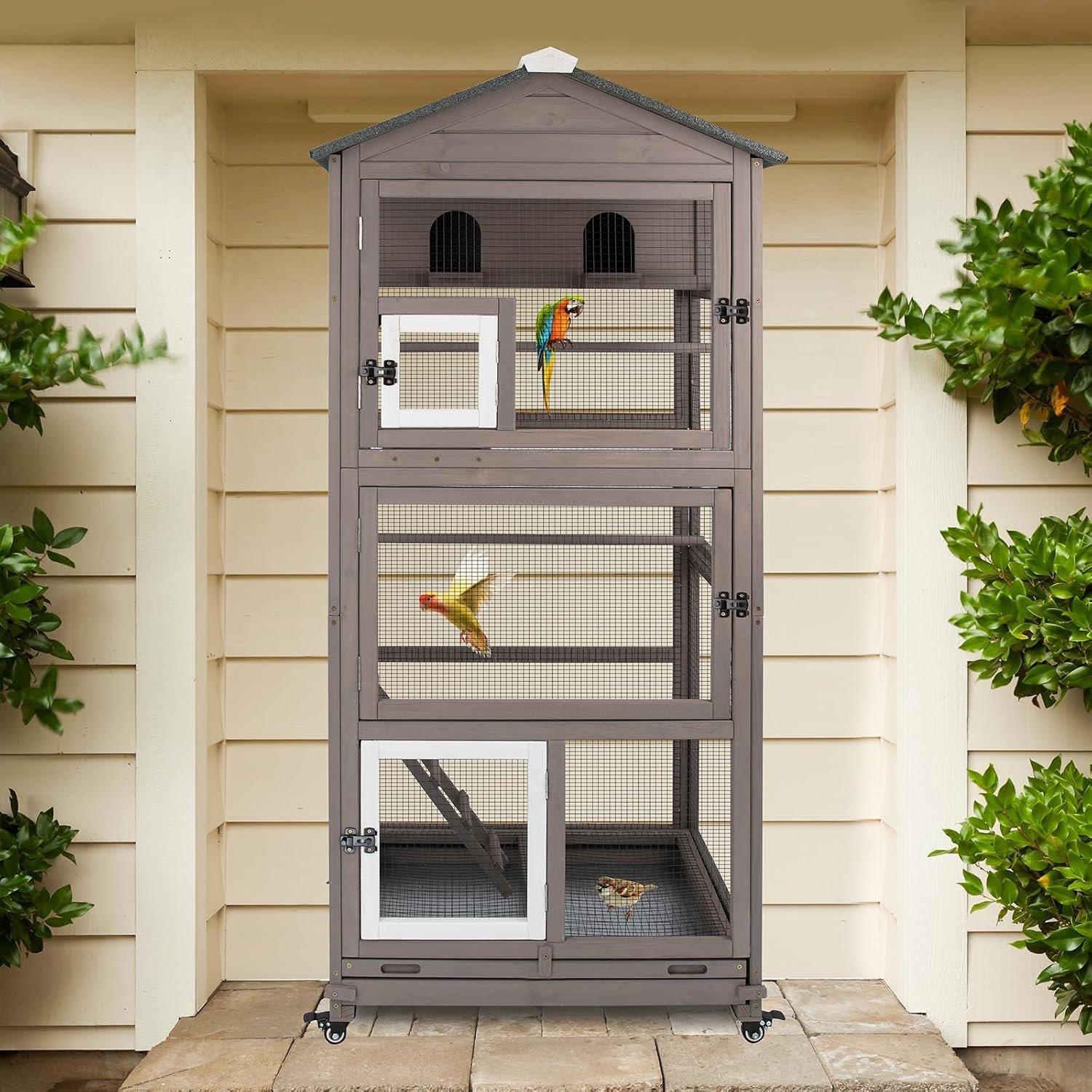 Gowoodhut 68.8″ L Outdoor Bird Aviary, Large Wooden Bird Cage with Wheels | Spacious Flight Cage for Parakeets and Parrots with Removable Wire Mesh, Pull-Out Tray, 2 Perches and Nest House, Grey