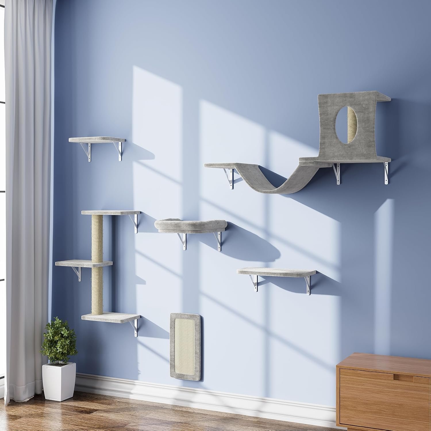 NUNU LAB Wall Mounted Cat Furniture Set – 6 Pcs Climber Set with House, Bridge, Steps, Scratcher Board – DIY Walls Playground, Indoor Cat Shelves – Gray